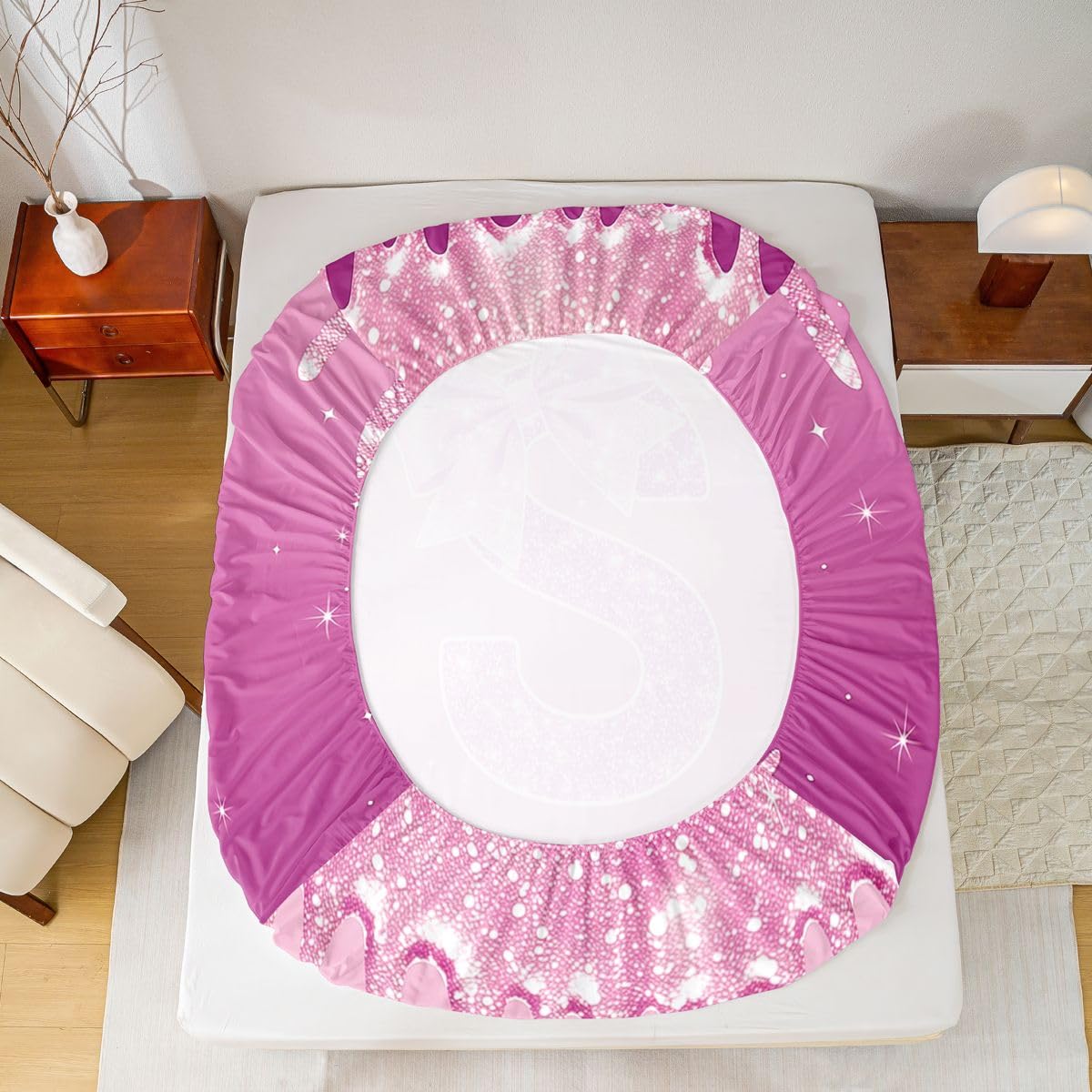 Homemissing Sábana bajera ajustable con lazo rosa con 2 fundas de almohada, tamaño King, con inicial S personalizada de 16 pulgadas de profundidad, sábana bajera ajustable para niños y niñas