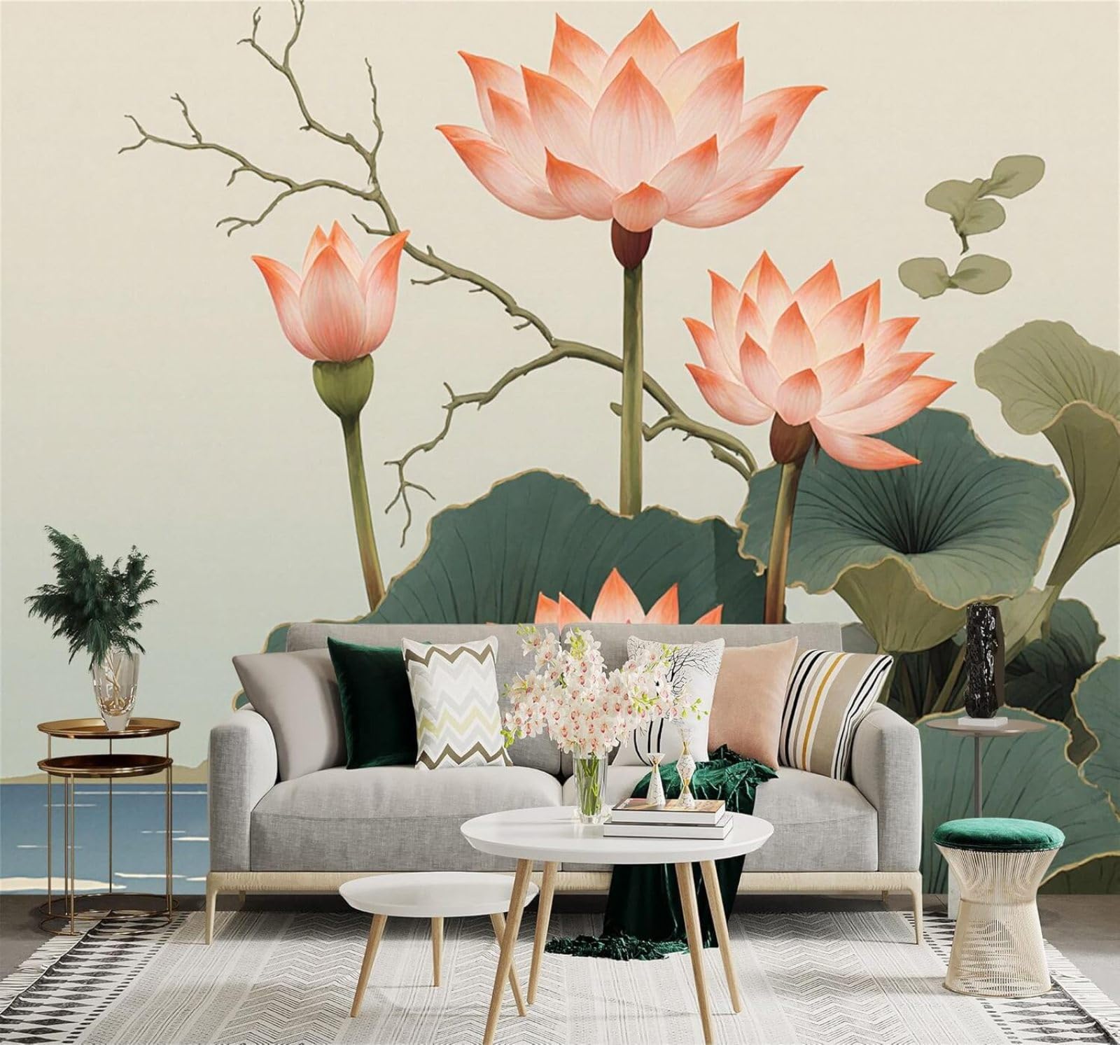 XLMING Fresh Pink Lotus Green Leaves Lakeside View 3D Wallpaper Premium Textured Silk Study Dining Living Room Bedroom Sofa TV Wall Easy Install-350cm×256cm
