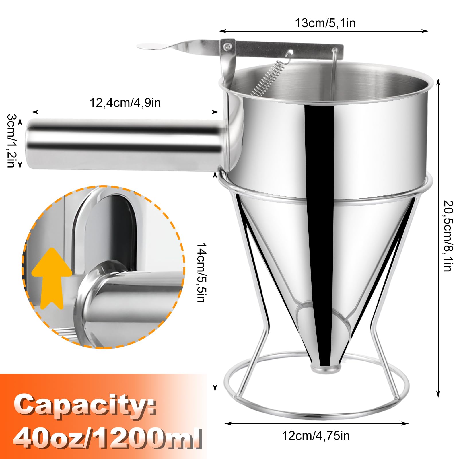 Embudo Dosificador de Masa Acero Inoxidable 1200ml, Dispensador de Tortitas con 4 Boquillas y Soporte para Pancakes, Repostería