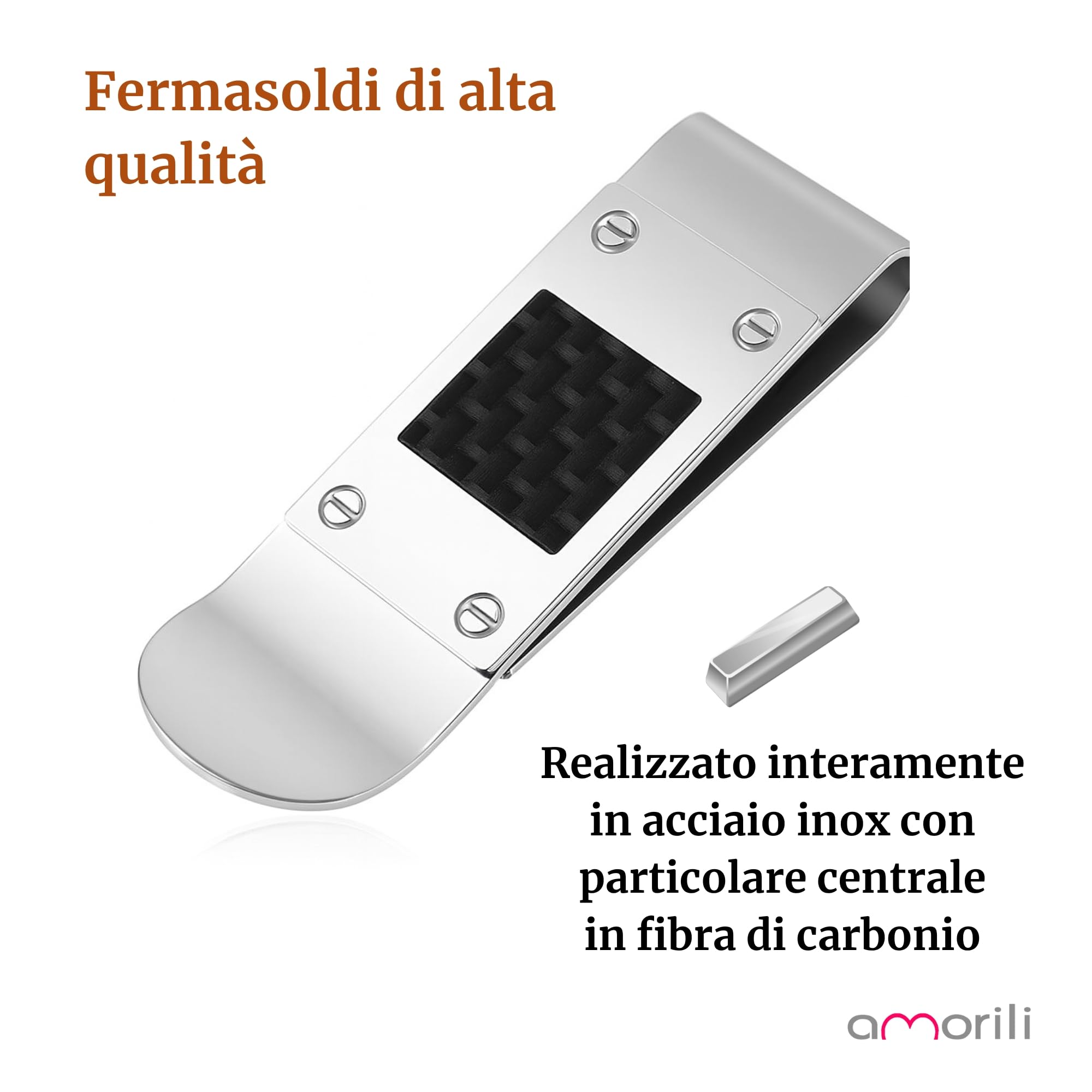 Porta Soldi Uomo Clip in Acciaio Inossidabile con Fibra di Carbonio – Fermasoldi Elegante e Resistente – Accessorio Minimal per Banconote e Carte – Idea Regalo Raffinata fsl026