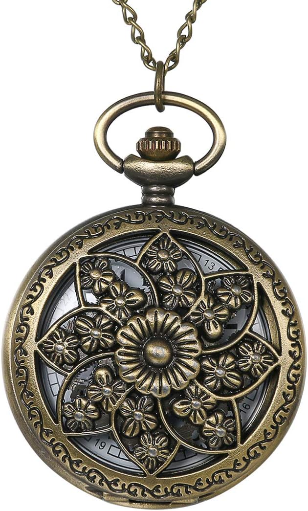 Antique Bronze Retro Hollow Rose Flowers Openwork Quartz Pocket Watch for Women
