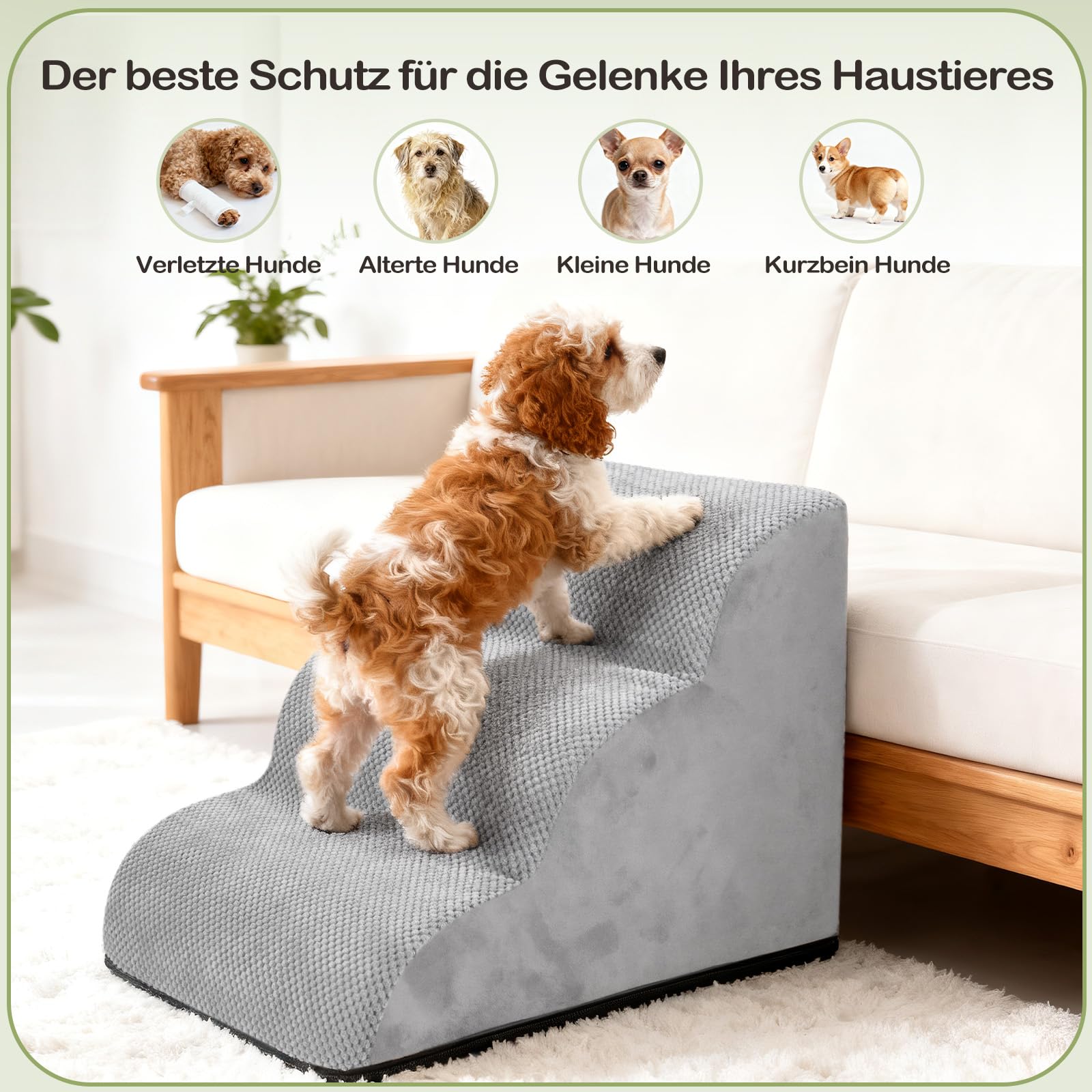Hundetreppe für Kleine Hunde 40cm, 30D Hochdichter Schwamm Hundetreppe, Haustiertreppe für Bett Sofa mit Waschbarem Bezug und Rutschfestem Boden, 40x60x40cm, 3 Stufen, Grau