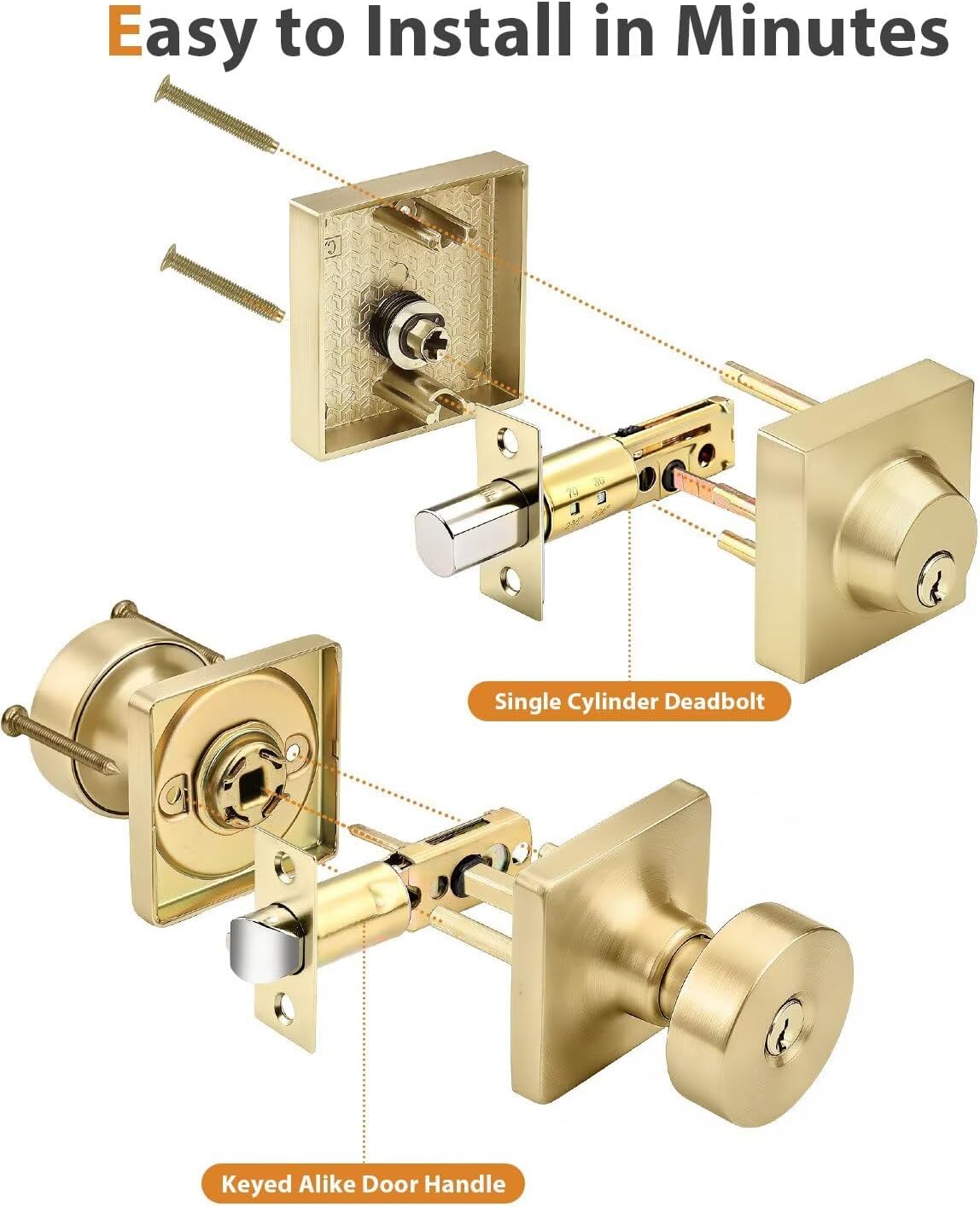 Probrico Door Knobs with Deadbolt for Exterior/Interior, 2 Pack Keyed Alike Heavy Duty Front Door Locksets, Inside/Outside Brushed Gold Door Knobs with Keys