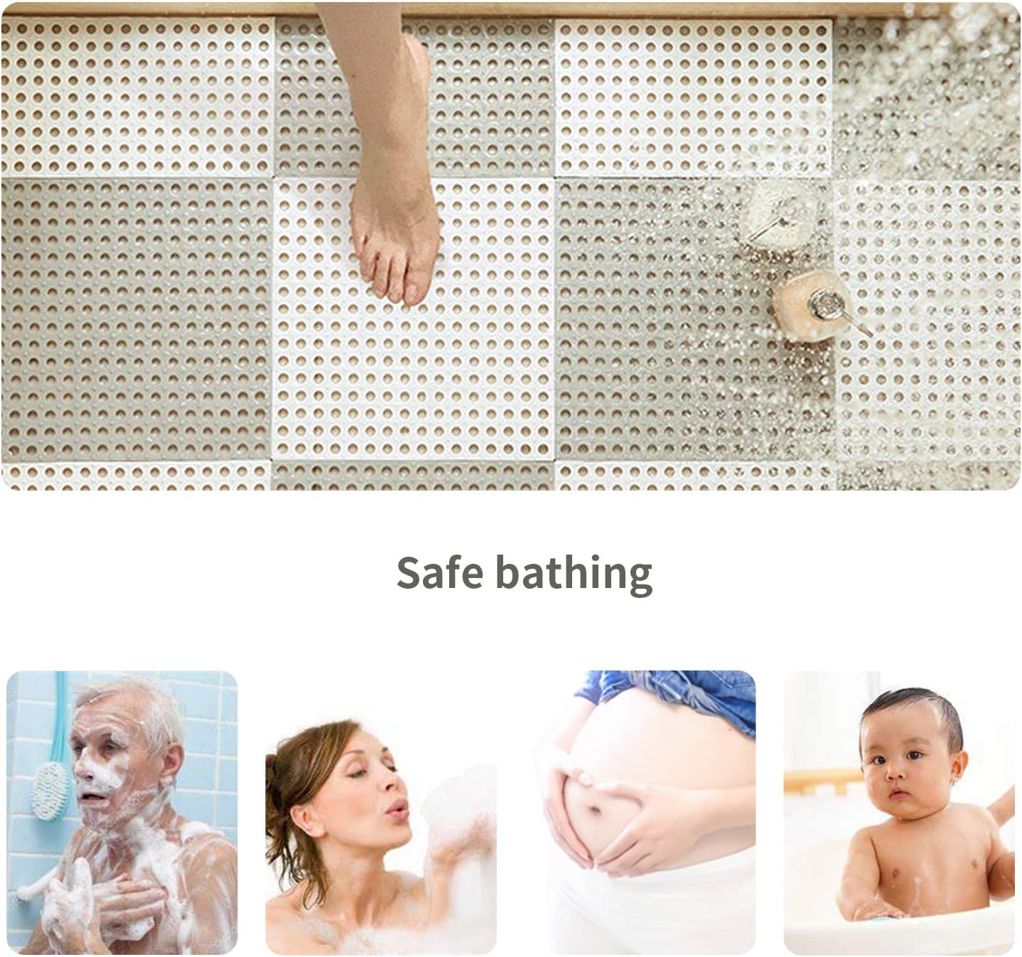 tonchean 24Pcs Interlocking Soft PVC Non-Slip Tile Splicing Waterproof Mat Square DIY Shower Mat with Drain Holes for Kitchen Bathroom Shower Pool Balcony: Home & Kitchen