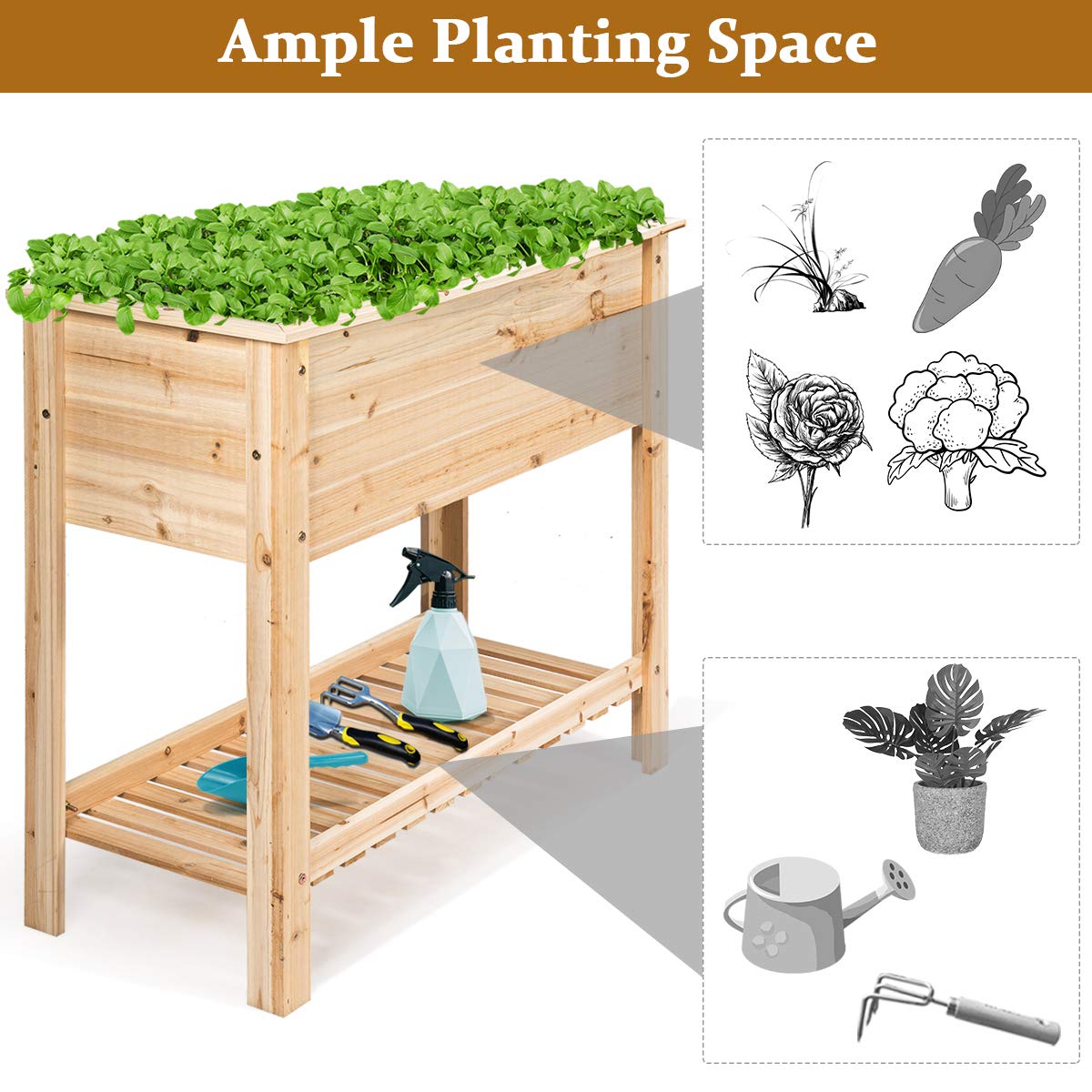 GOPLUS Huerto Urbano de Flores, Maceta de Cultivo de Madera de Abeto con Estante & Gran Superficie, Cama Elevada para Verduras y Flores, Jardinera para Balcón Patio Exterior, 92 x 41 x 81 cm