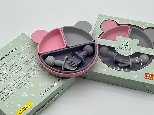 Miniatura 4 de Juego de alimentación para bebés de silicona de varios colores, suministros para comer bebés, suministros de destete LED para bebés (rosa, gris,