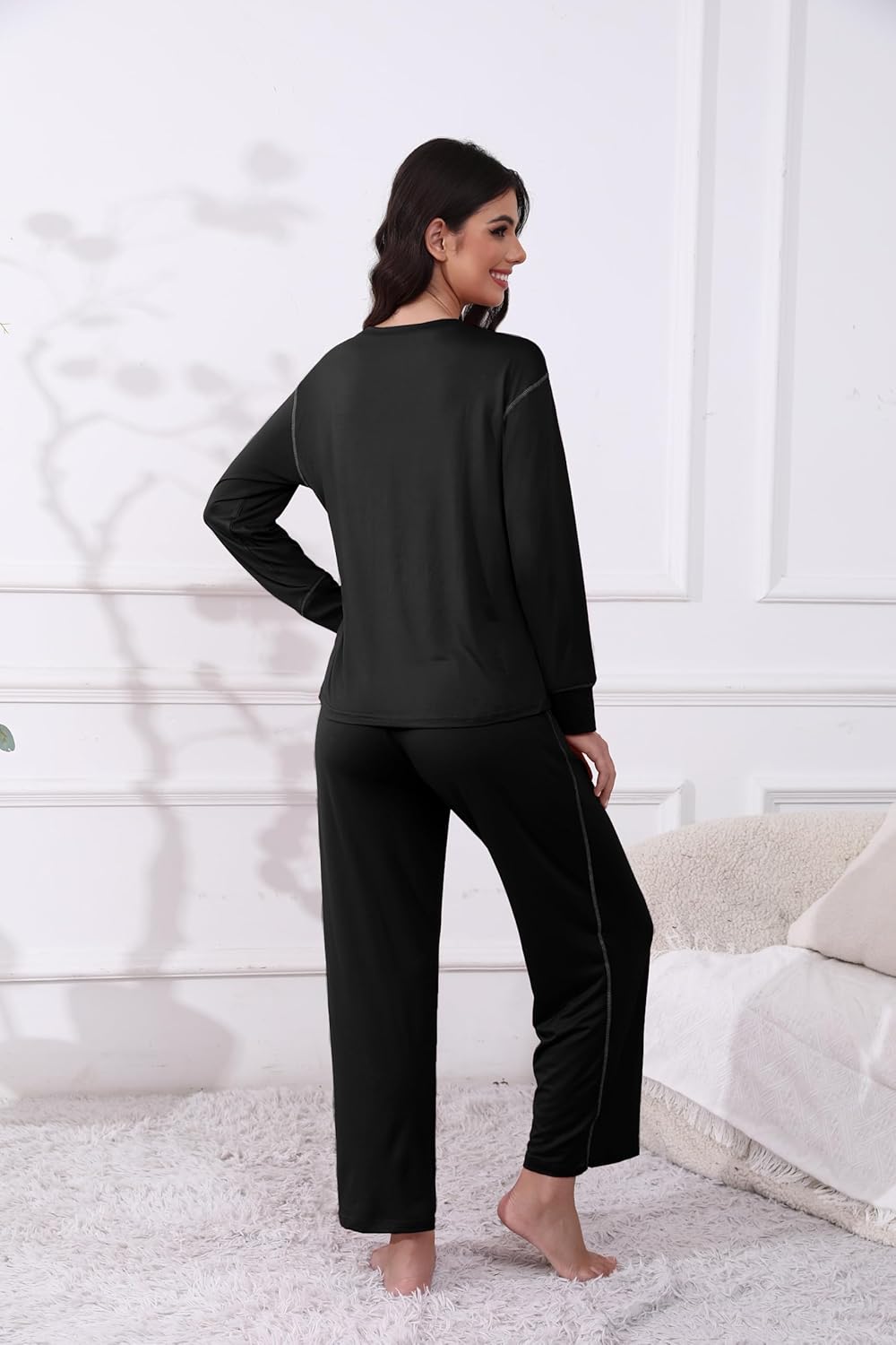 Ekouaer Women's Pajamas Set 2 Piece Lounge Sets Long Sleeve Crewneck Top and Pants Soft Pjs with Pockets - Image 2