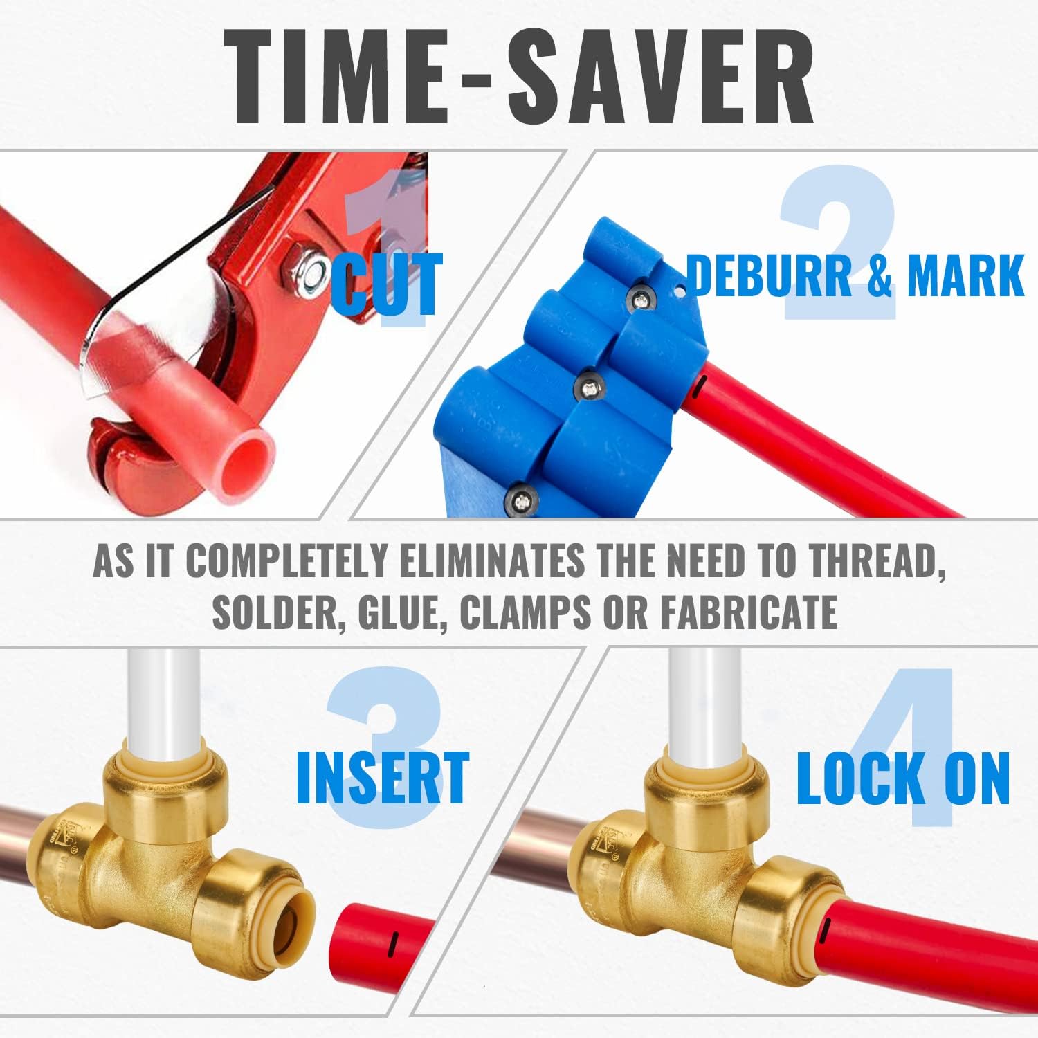 SUNGATOR Push Plumbing Fitting Kit 1/2 Inch, 10 Each Straight Coupling, Elbow, Angle Shut Off Valve, Tee (5 PCS), No Lead Brass Push to Connect Pex Pipe,Copper,CPVC, with 1 Disconnect Clip, Pack of 35