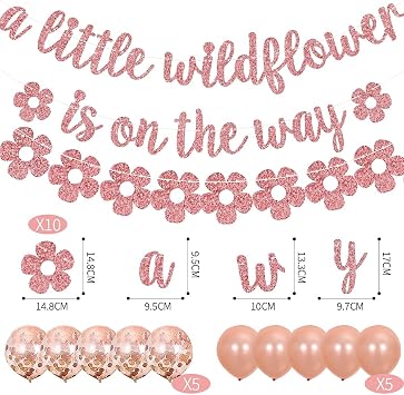 12 Pcs Wildflower Baby Shower Banner Decorations-A Little Wildflower is on the Way Banner Flower String Flag Rose Gold Matte Balloons and Loose Powder Balloons for Welcome Baby Gender Reveal Party