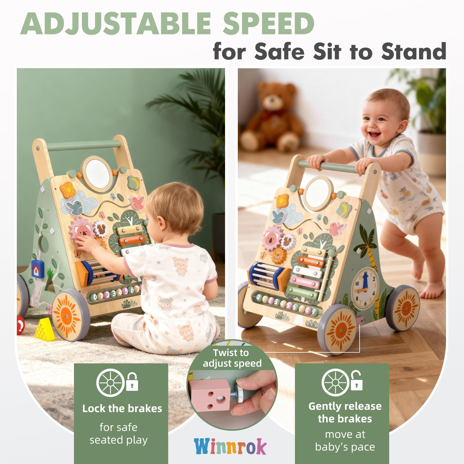 Drewniany wózek do nauki chodzenia dla niemowląt, pedagogiczna zabawka pchana dla dzieci, centrum aktywności Montessori z zabawkami motorycznymi, wielofunkcyjna drewniana zabawka jako prezent dla