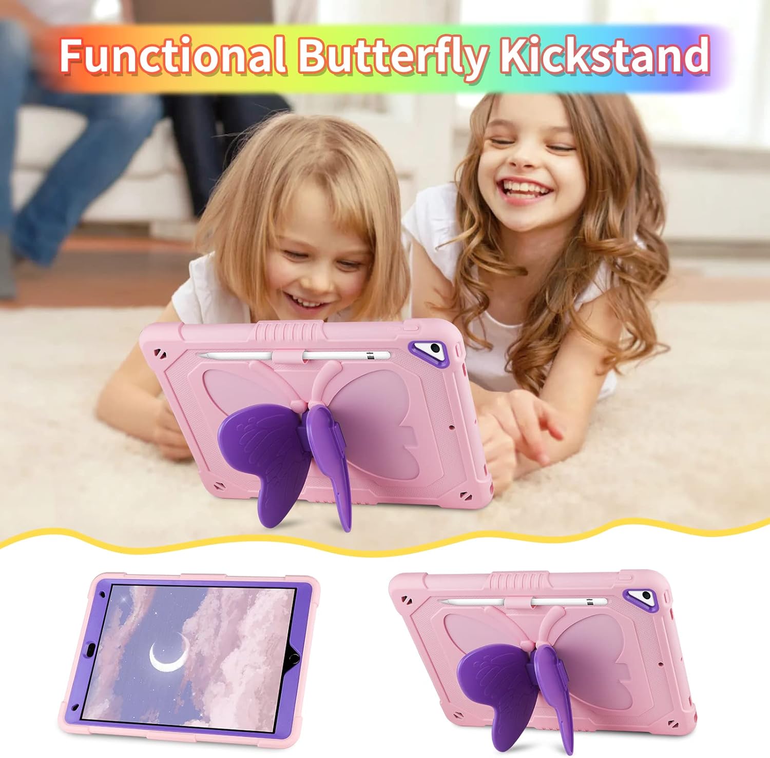WESADN for iPad 9th Generation Case 8th 7th Gen 10.2 inch with Screen Protector/Butterfly Kickstand/Lanyard/Keychain Rugged Case with Pencil Holder for Kids Girls Cover for iPad 10.2 Case Pink Purple