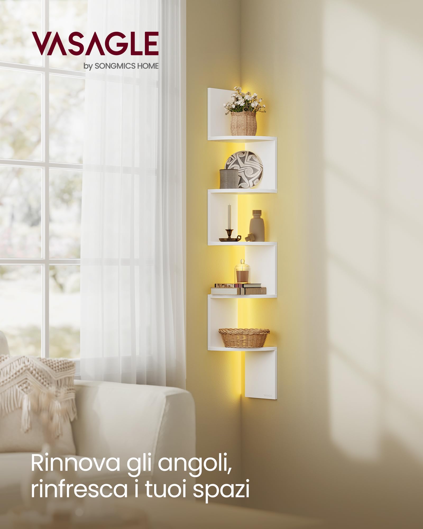 VASAGLE CUSTOS Collezione - Mensola Angolare da Parete con Luci LED RGB, Libreria a 5 Ripiani, per Piante, Camera da Letto, Soggiorno, Bagno, Ufficio, Pulsante e Telecomando, Bianco Nuvola LBC630W01