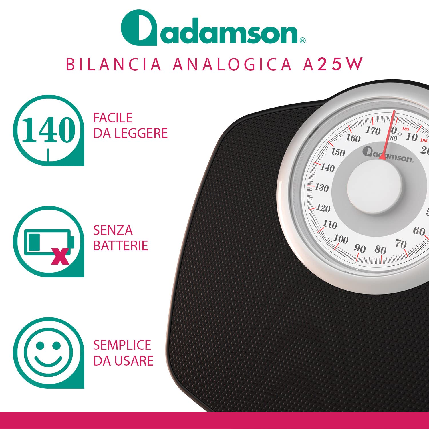 Adamson A25W Bilancia Pesapersone Meccanica, Analogica, Fino a 180 kg, Piedini Anti Scivolo – NUOVA - Durevole, Accurata e precisa – 20 Anni di Garanzia – Camera da Letto e Bagno