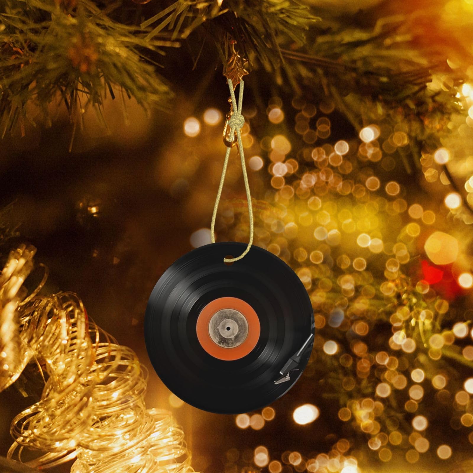 Vintage Vinyl Record Print Ceramic Christmas Ornaments with Gold Ribbon - Round Shape Porcelain Tree Ornament Decorations