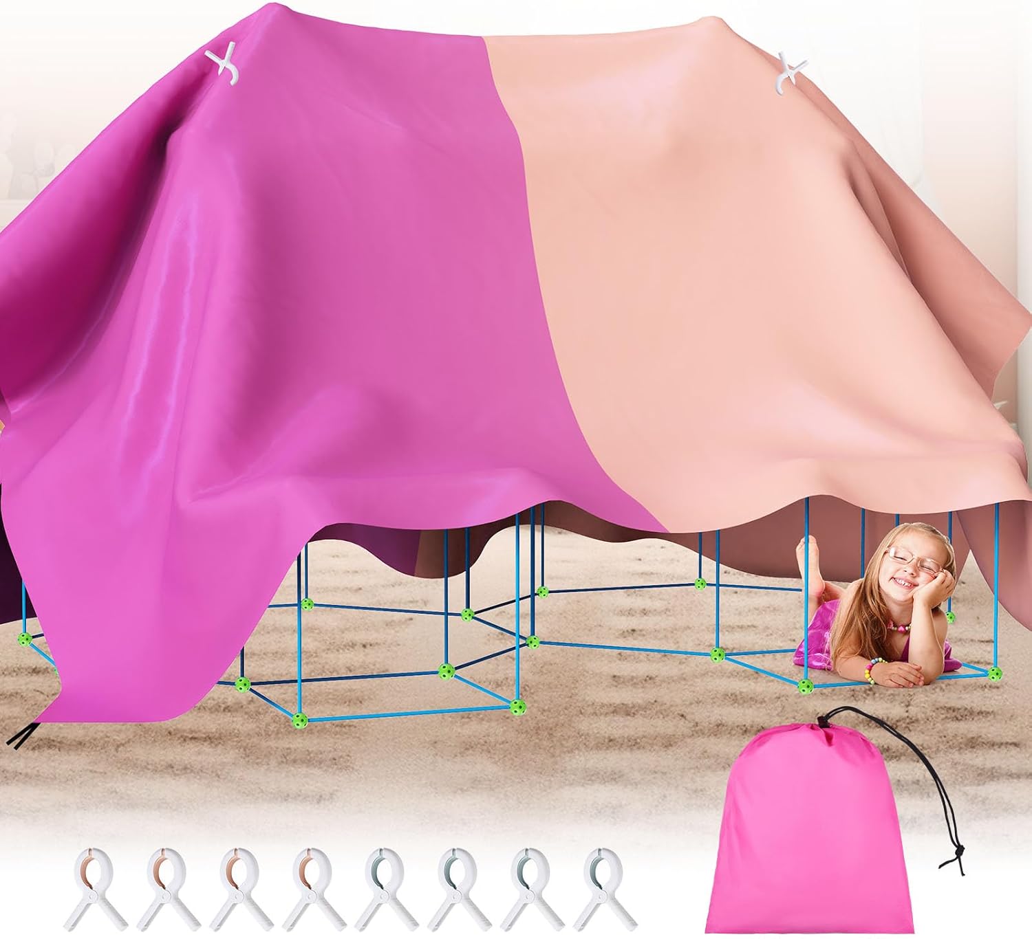 Blanket Fort Building Kit for Kids, Large Lightweight Fort Building Clips Blankets, Portable Indoor Playhouse Play Tent Fort, Fort Making Kit for Ages 4-12+