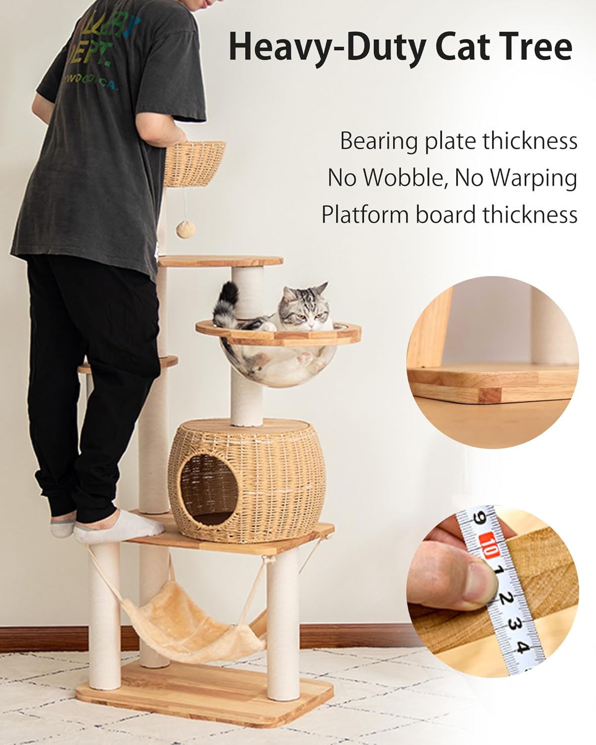 Wood Cat Tree for Large Cat, 57-Inch Tall Cat Tower with Scratching Post for Indoor Cats, Multi-Level Cat Condo with Hand-Woven Cat Bed and Hammock Acrylic Bowl Easy to Clean (DC888)