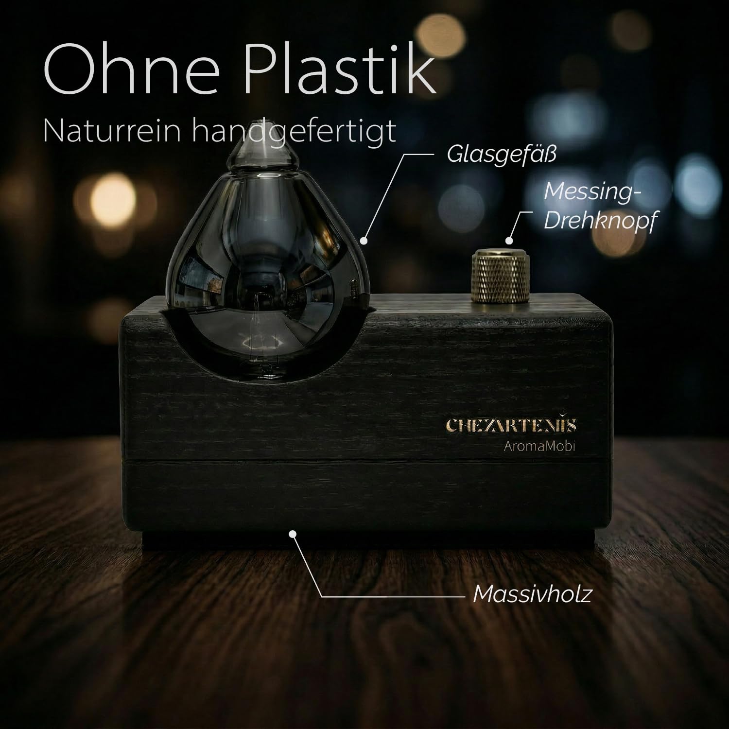 Black Obsidian Aroma Diffuser ohne Wasser für Aromatherapie | Rauchglas Vernebler & Dunkler Holzsockel, Plastikfrei und BPA-frei, Wiederaufladbar & 7-10 Tage Akku, Duftreichweite 60 m²