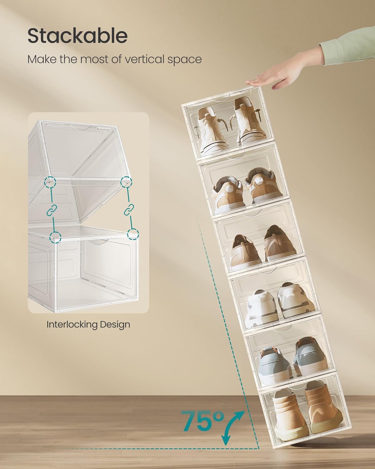 SONGMICS Shoe Boxes, Set of 12, Clear Plastic Shoe Storage, Stackable Sneaker Box, Drop Front Door, Up to US Size 11, Easy Assembly, 13 x 9.8 x 7.1 Inches, Transparent White ULSP032W12