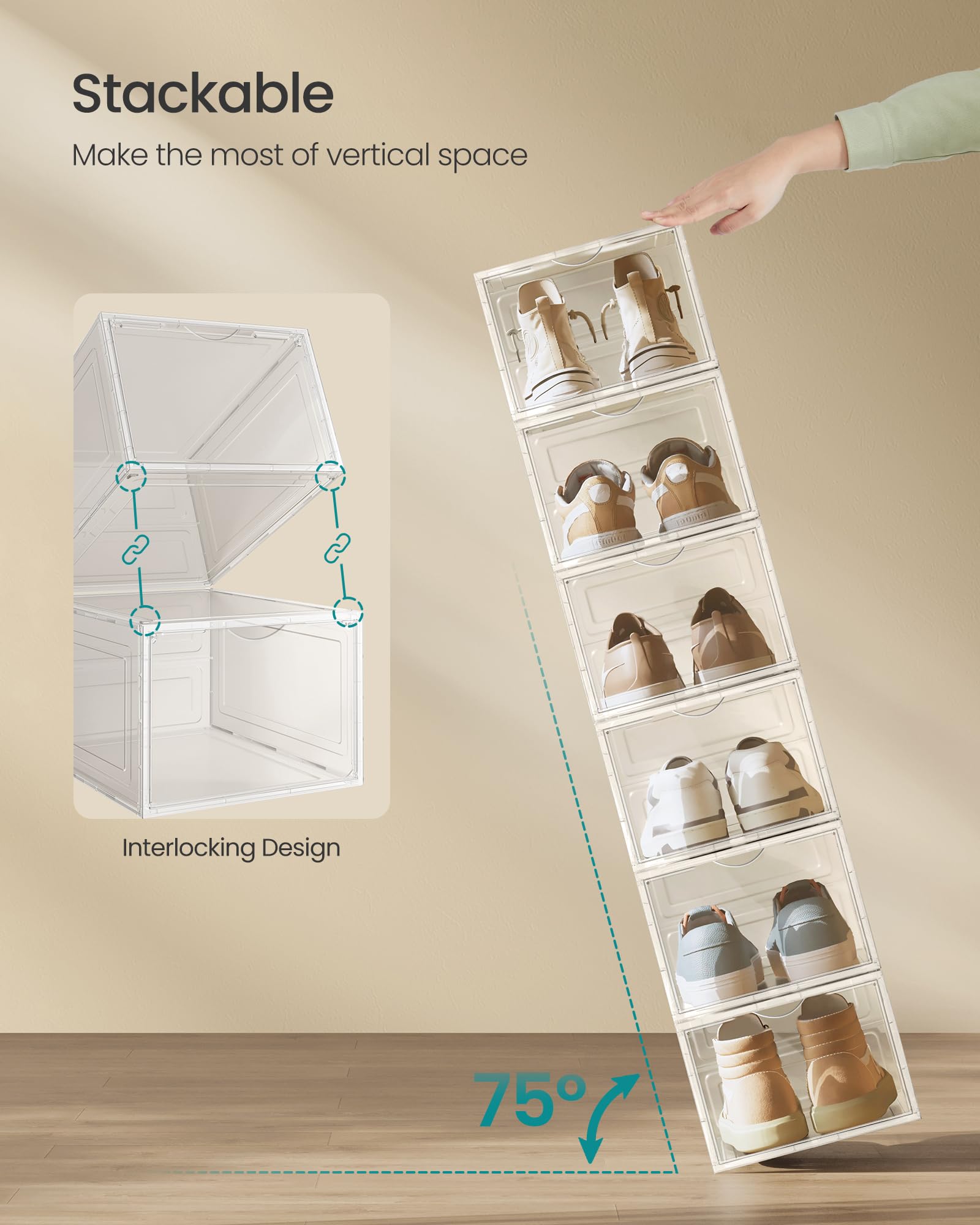 SONGMICS Scatole per scarpe, trasparenti, set di 12, in plastica, con porta trasparente, facile da montare, fino alla misura 44, colore bianco, ULSP032W12