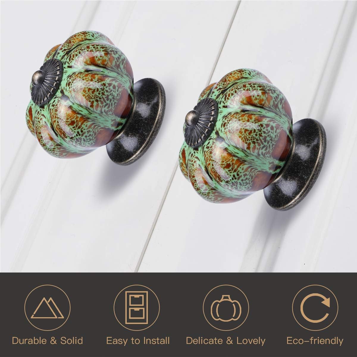YDO Ceramic Glazed Pumpkin Knobs Classy Vintage Cabinet Door Pull Handle 6pcs (Green)