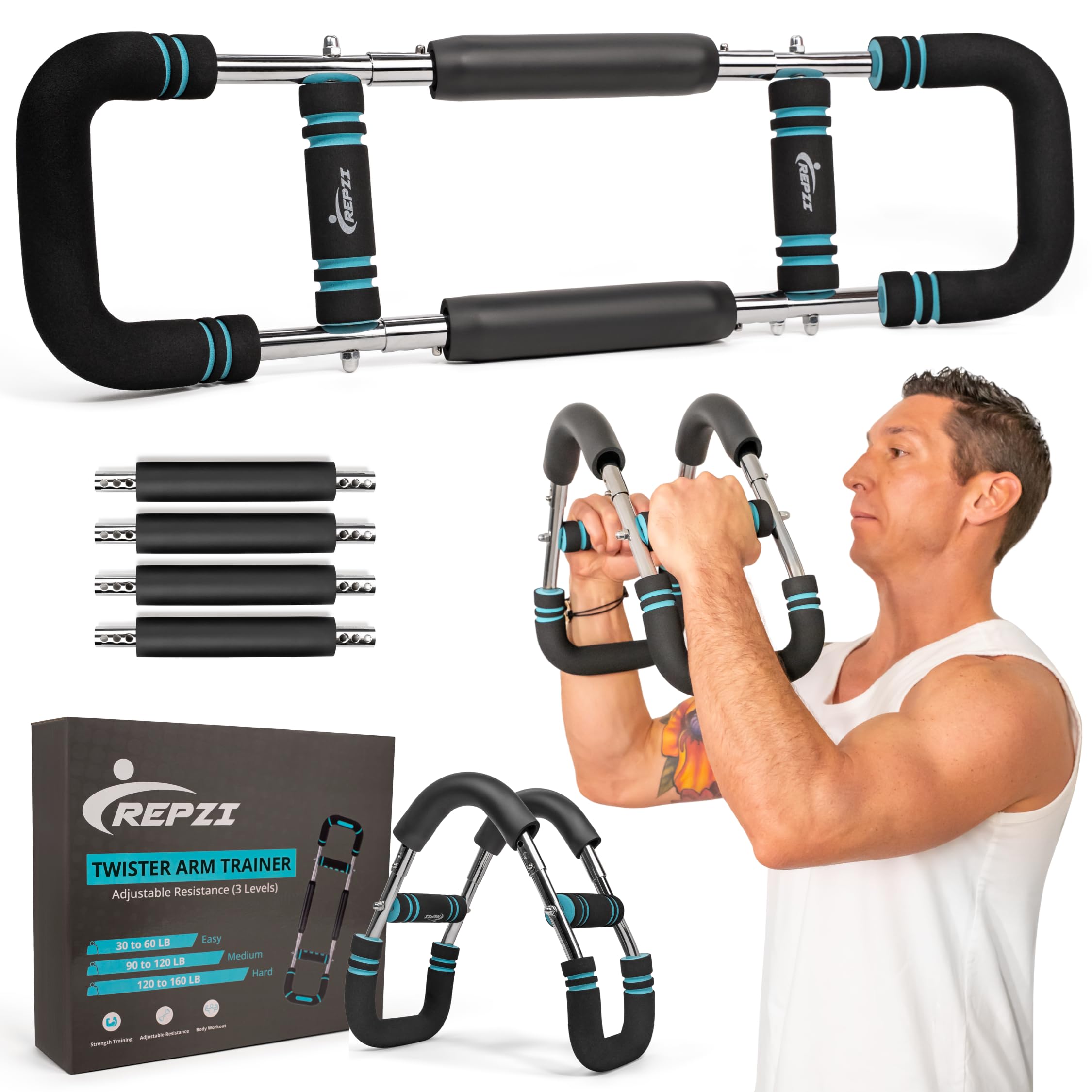 MoKo Twister Arm Trainer – Verstelbare Weerstand 60-170 Lbs – Met 3 Veren – Traint Armen, Borst, Schouders En Rug – Incl. Polsbanden – Compact En Draagbaar – Voor Thuis Of Kantoor