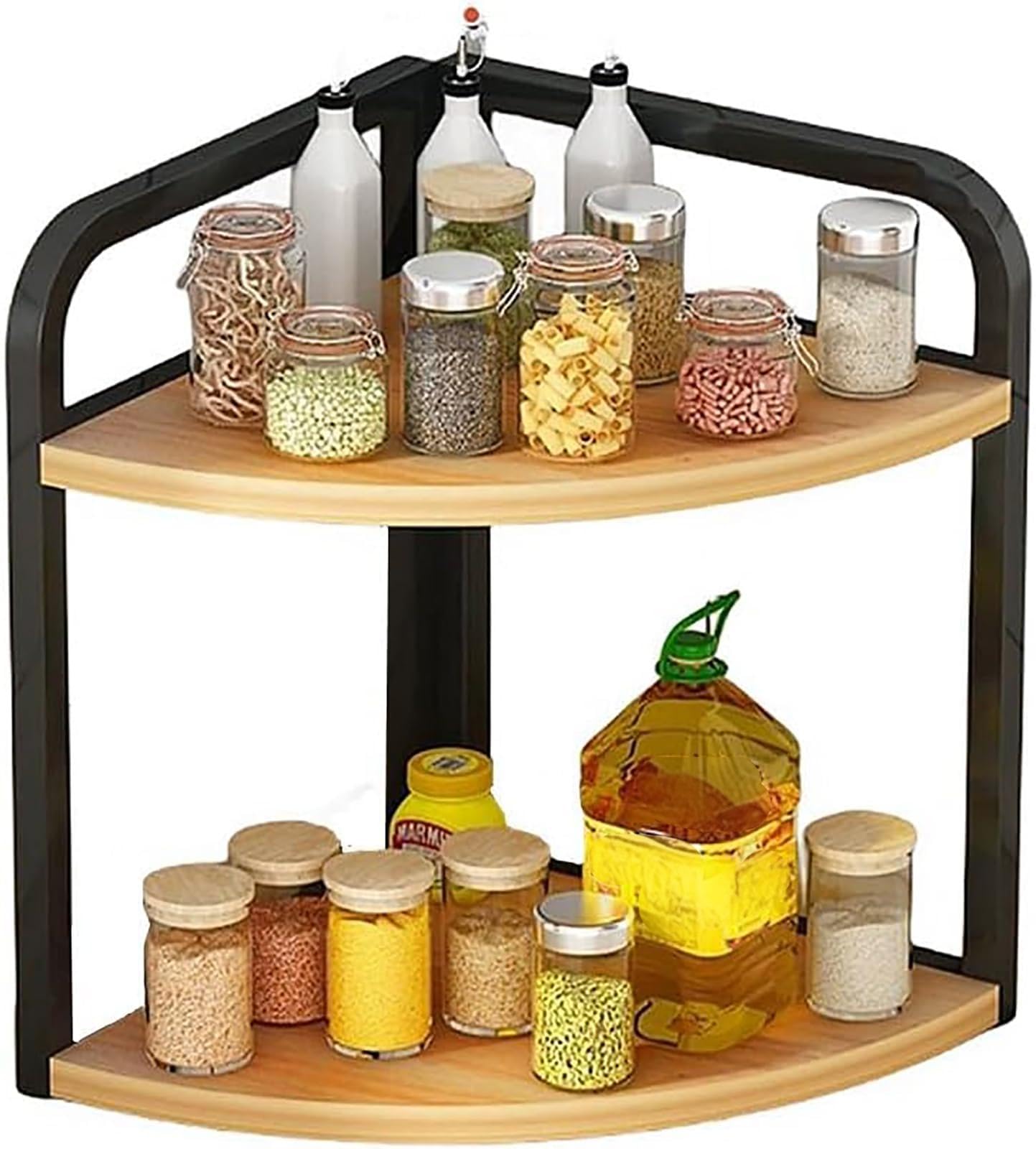 Eckregal aus Holz mit 2 Ebenen – dreieckiger Eisen-Schreibtisch für Küchenzubehör, perfekt für die Aufbewahrung von Gewürzen, Gewürzen und kleinen Gegenständen.