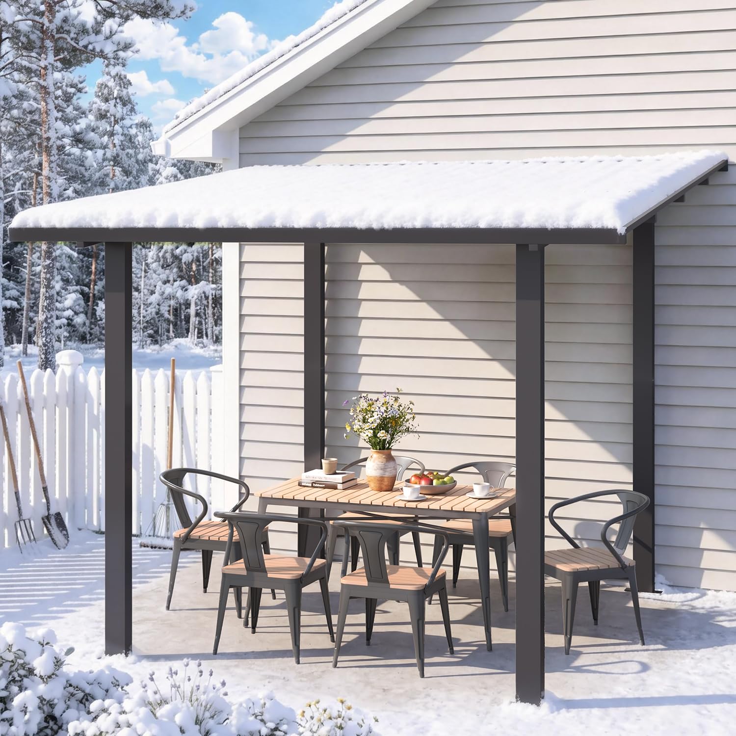 UNIONLINE 3 × 2,4 m Wandgestellter Gartenpavillon mit Hardtop-Metalldach, Grill-pavillon aus feuerverzinktem Stahl, 113 km/h windbeständig, Terrassenüberdachung für Garten, Hinterhof & Deck, Schwarz