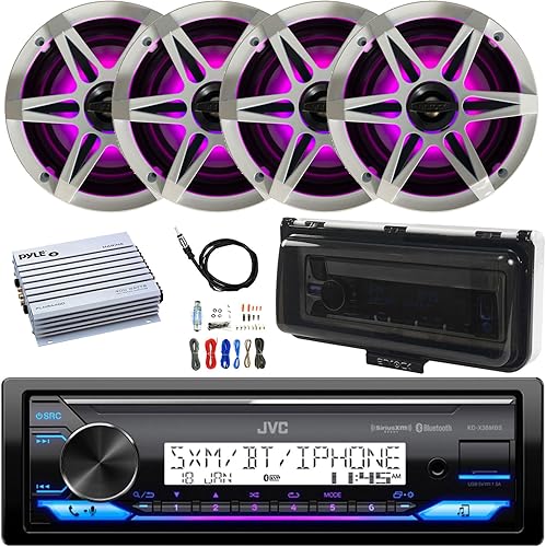 In-Dash - Receptor USB / Aux con Bluetooth DIN único, 4 altavoces blancos de 6.5 pulgadas con LED RGB multicolor, amplificador de 4 canales con kit,