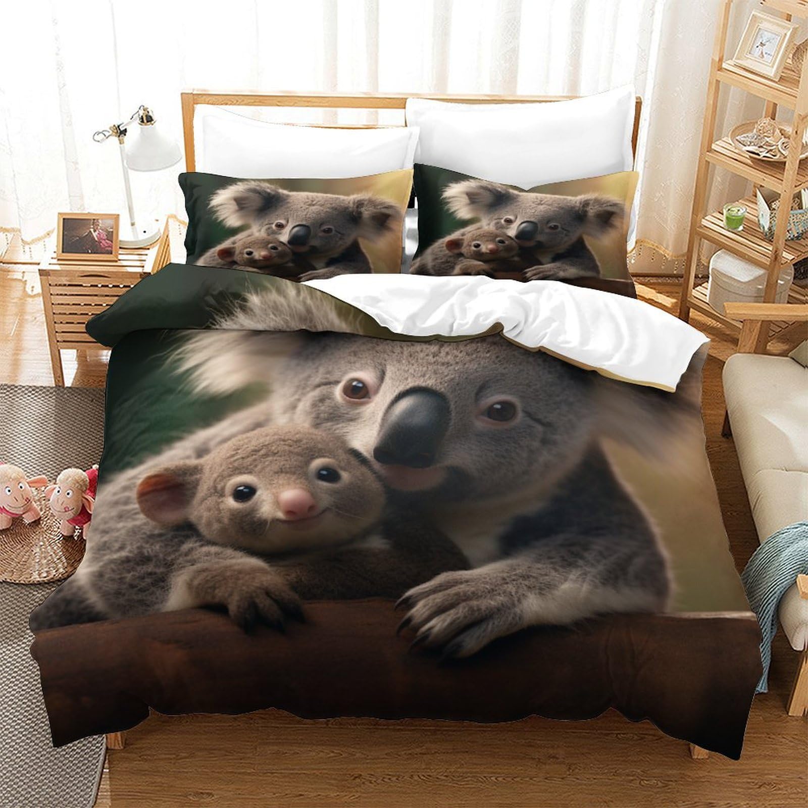P1S9U7W5Y 3D Printed Koala Animal Themed 3 Piece Duvet Cover Set Microfiber Bedroom Decor Koala Bedding Set for Adults Teens Home Gift King（220x240cm）