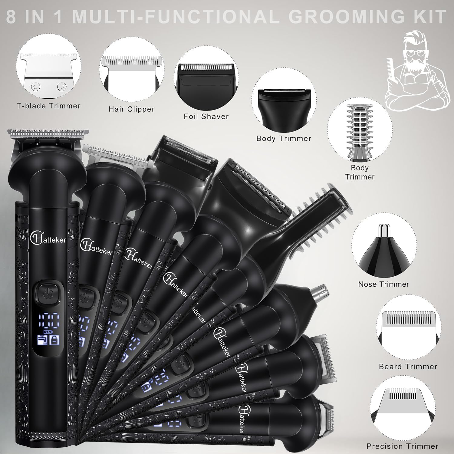 Hatteker Männerpflegeset 8-in-1, Zero-Gap-T-Klinge Trimmer, wasserdichter Trimmer, Haarschneider für Männer, Barttrimmer elektrisch, Kabelloses Männerpflegeset, Elektrischer Rasierer für Männer