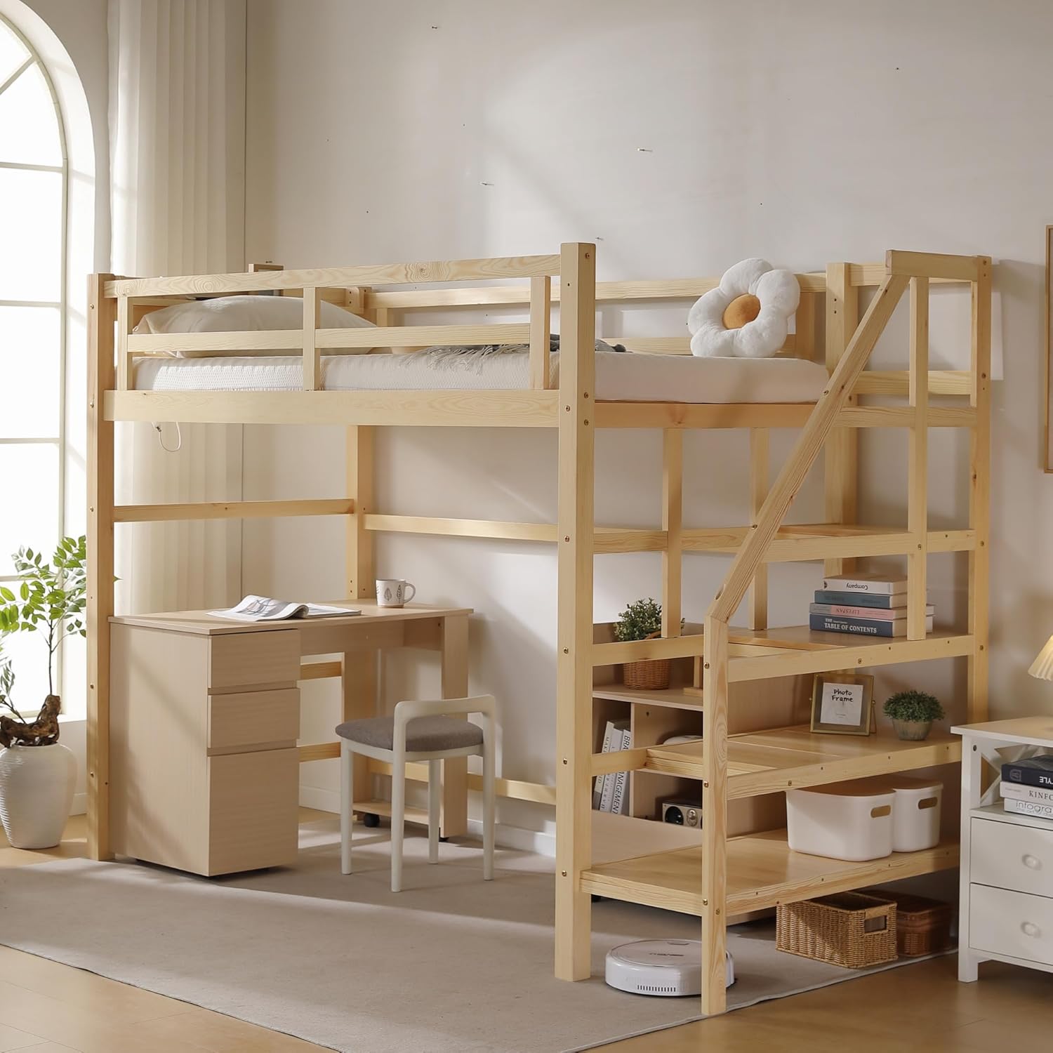 ロフトベッド 階段付 宮コンセント付 ロフトベッド 階段付き 天然木 コンセント付き シングル