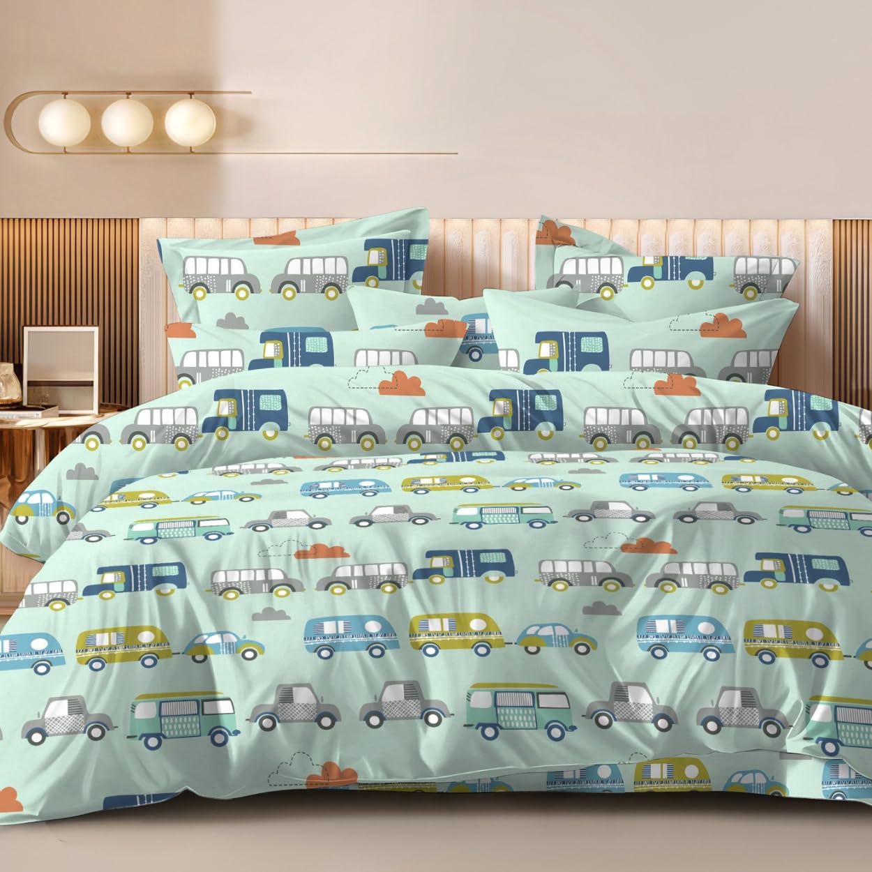 HABOO | Mint Green Vintage Caravan & Retro Vehicle Print Cotton 4 Pcs Double Bed Set - 90x100 Comforter, Bedsheet & 2 Pillow Covers | Children Bedroom Bed Set-image-5