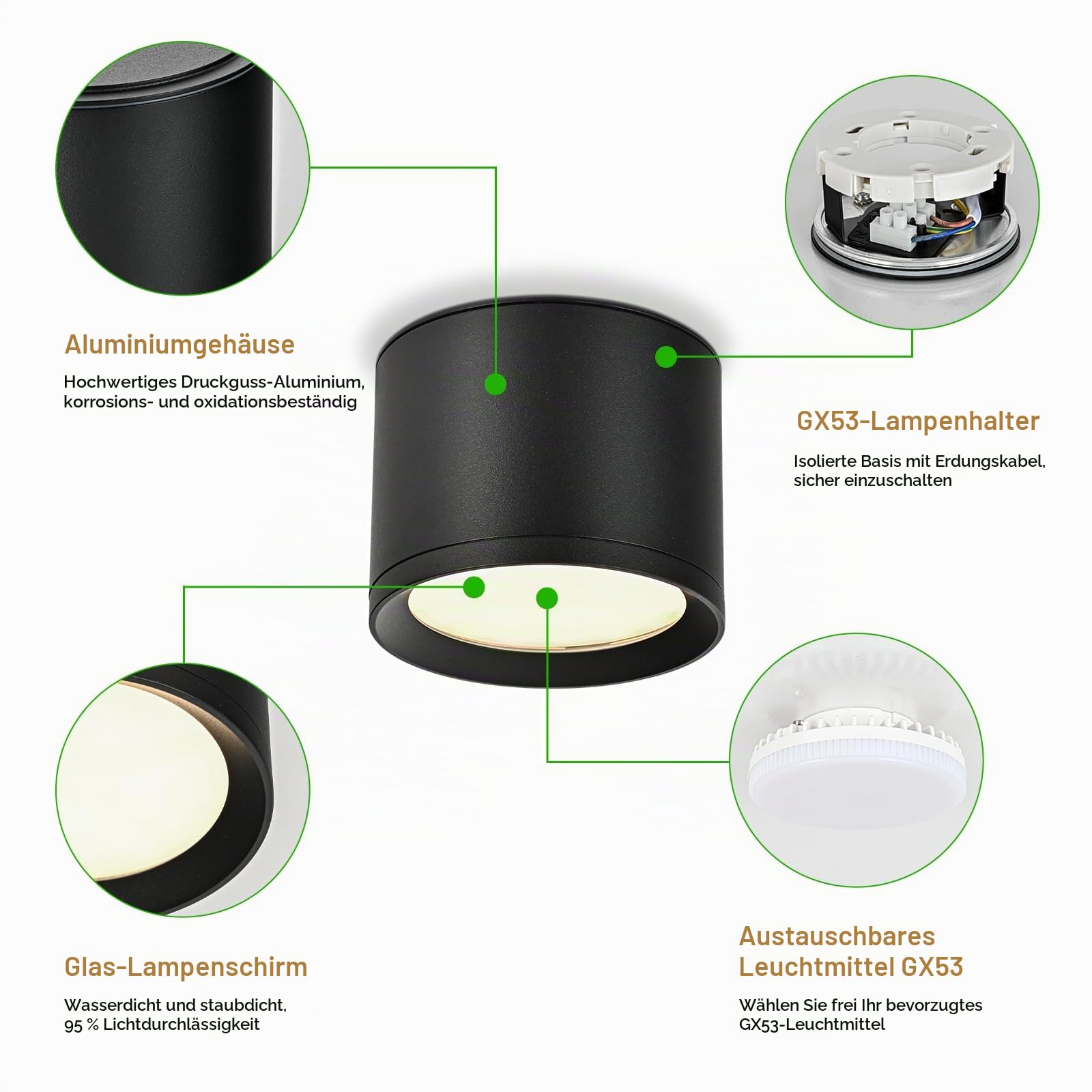KYOTECH LED Aufbauspots IP44 - Ø84*65mm Deckenspots Schwarz Matt - 6W 550LM GX53 LED Aufbaustrahler - Aluminium 4000K Neutralweiß Aufputz 230v Aufbauleuchte Deckenlampe für Bad Badezimmer 4 Stück