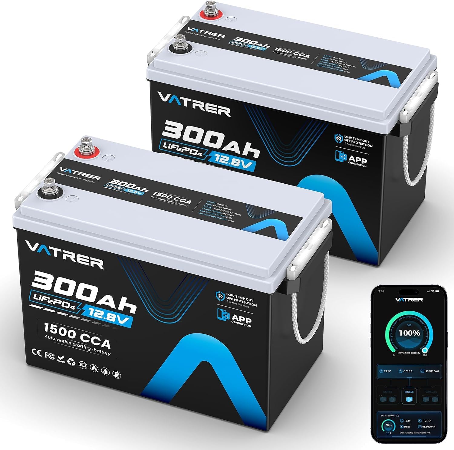 VATRER POWER Batteria al litio LiFePO4 da 12 V, 300 Ah, con monitoraggio tramite app