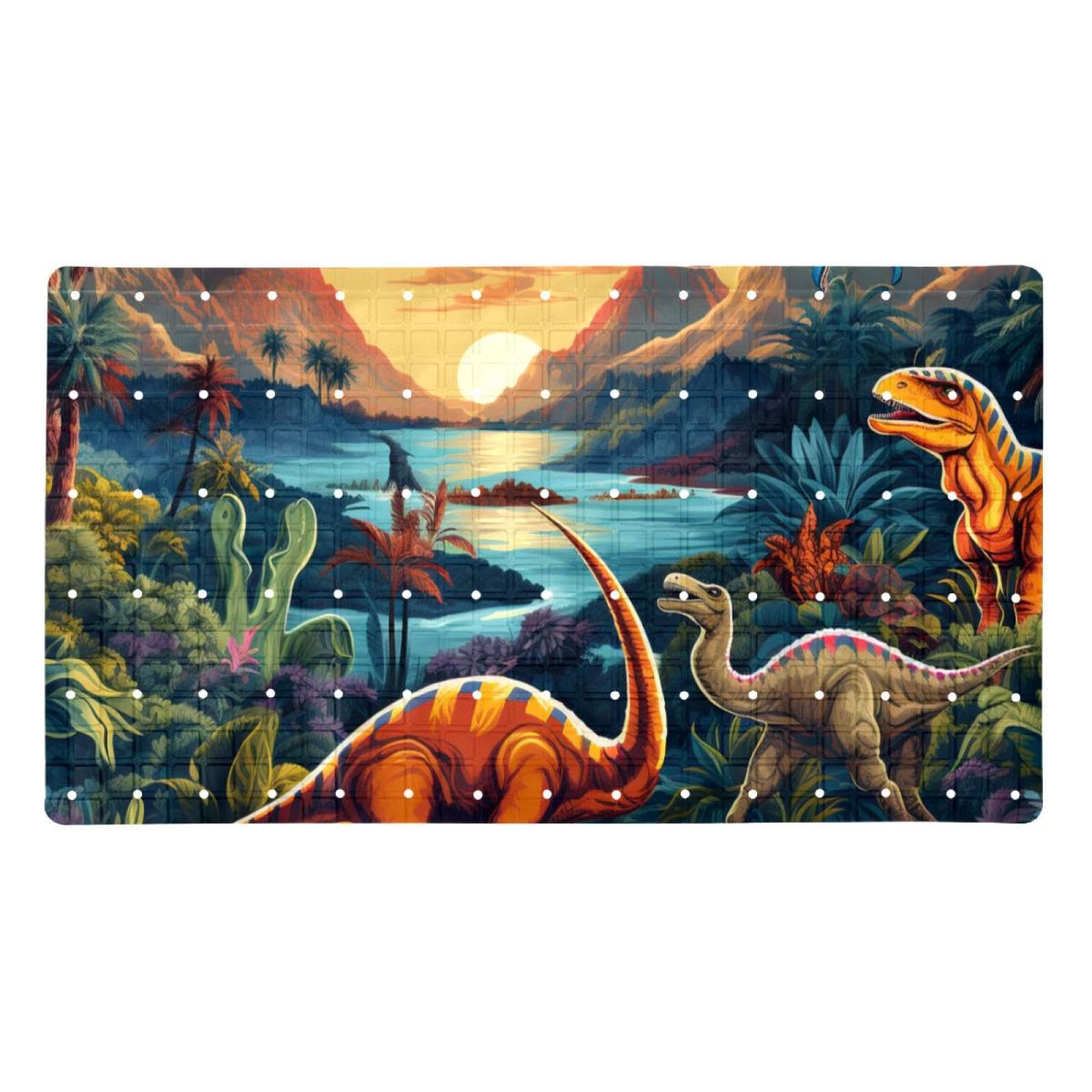 Badematte mit Wald- und Dinosaurier-Motiv für Innendusche, rutschfest, schimmelresistent, PVC, Badewannenmatten für Badezimmer, nasse Duschbereiche (38,5 x 68 cm)