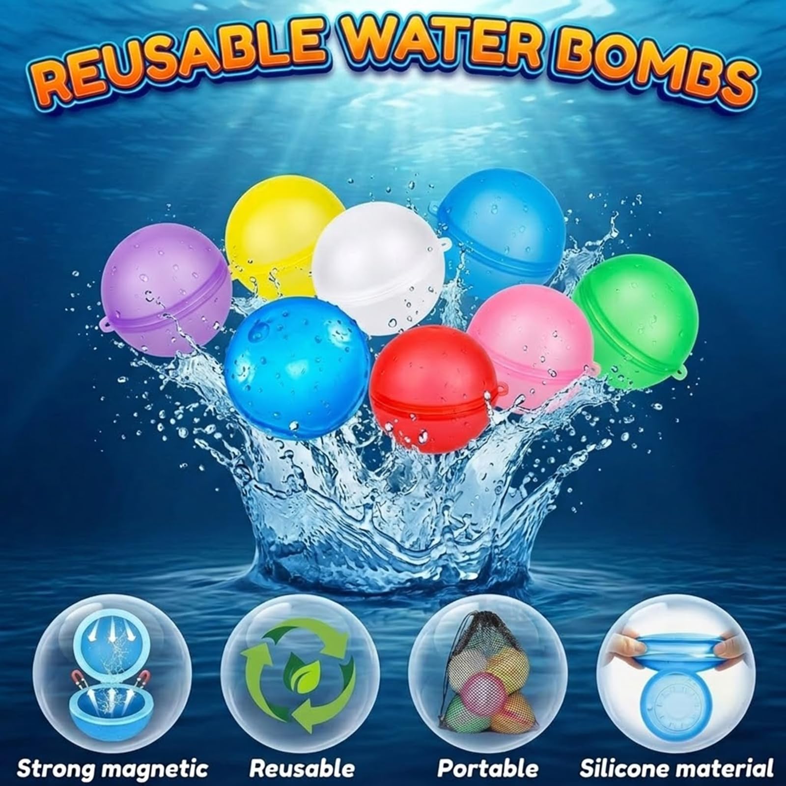Wiederverwendbare Wasserbomben mit Netzbeutel, 16 Stück Silikon Wasserbomben Selbstschließend,Magnetisch, Wiederverwendba für Wasserspielzeug Pool Spielzeug Strandspielzeug,für Kinder & Erwachsene
