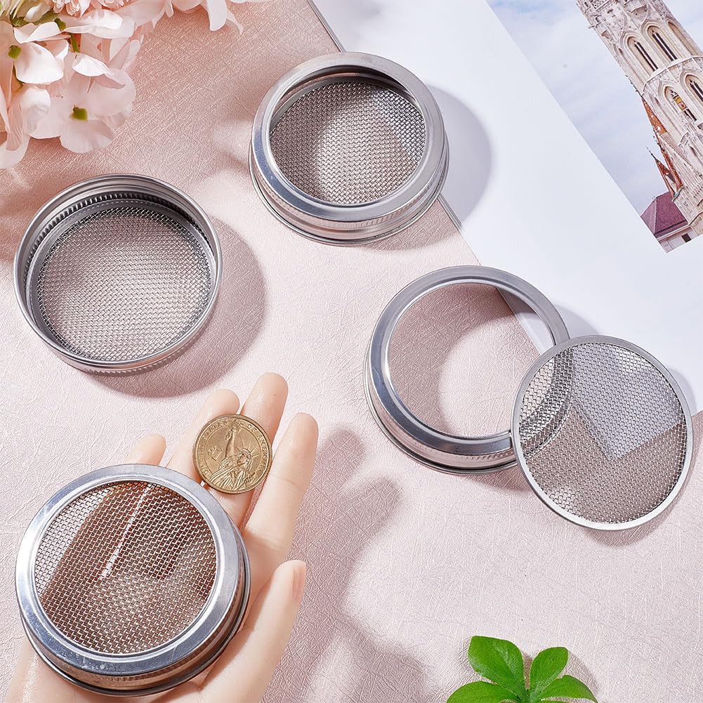GORGECFAFT 4 Set Sprouting Lids Seed Sprouting Jar Lids Stainless Steel for Wide Mouth Mason Jars Canning Seed Sprouting Alfalfa Salad Sprouts Lid Strainer Screen Seed Flower Organizer Insert Lid Kit