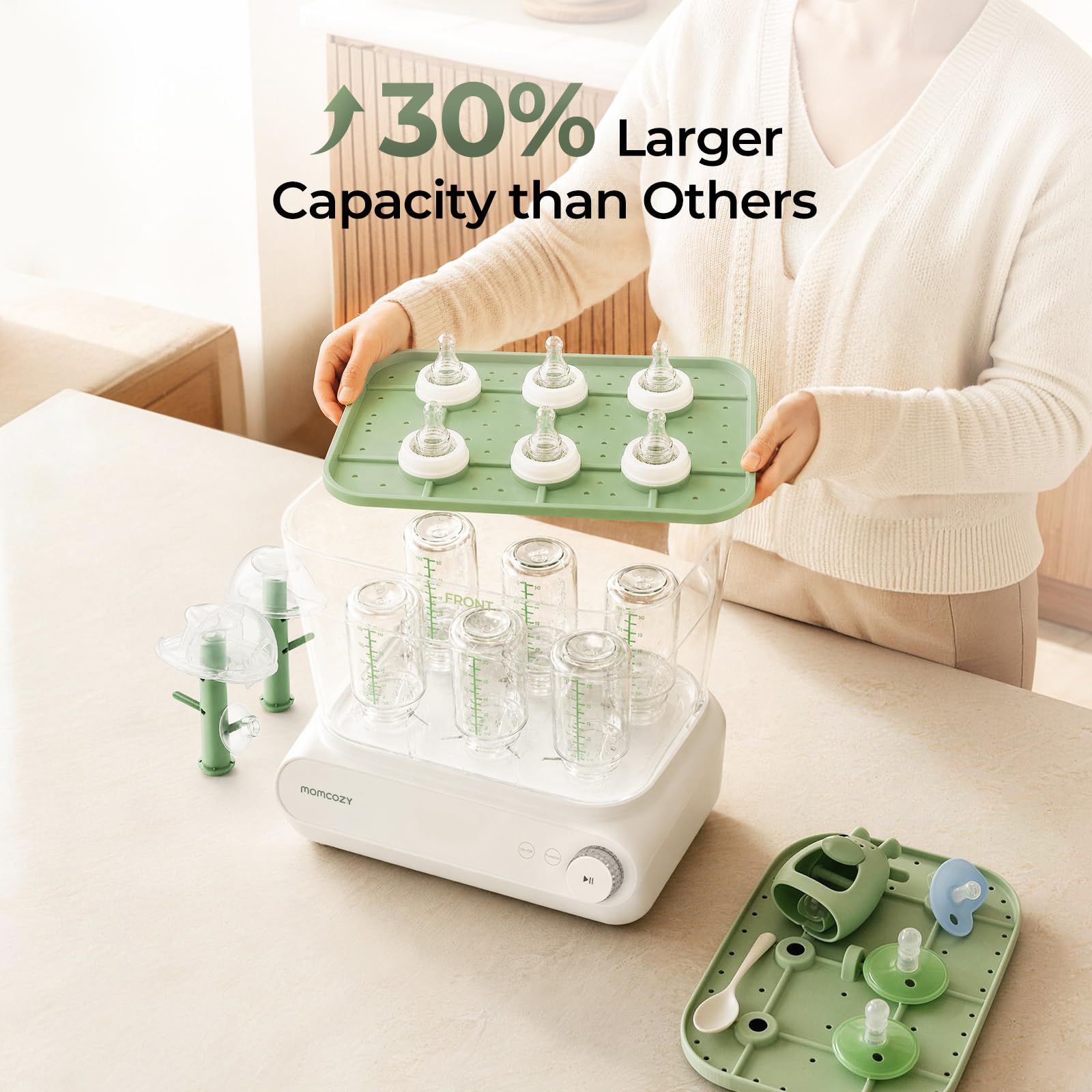 Momcozy Esterilizador y secadora de botellas grandes de 3 capas, esterilización y secado rápido, esterilizador universal de botellas para todos los biberones y accesorios para sacaleches, pantalla