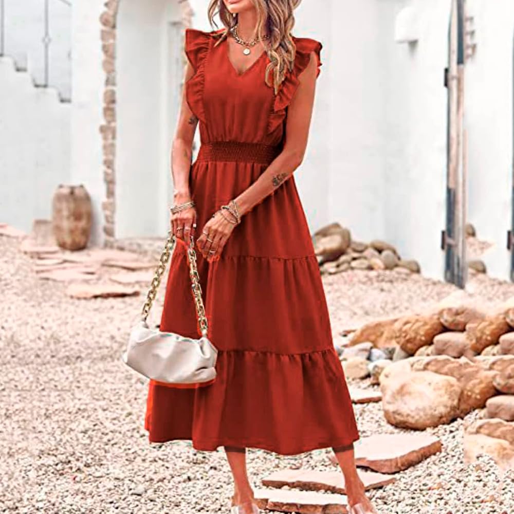 Amazon.com: Women's Ruffle Sleeve Long Dress Summer Solid Color Swing Dress  Sleeveless Halter Flowy Tiered Dress : Clothing, Shoes & Jewelry