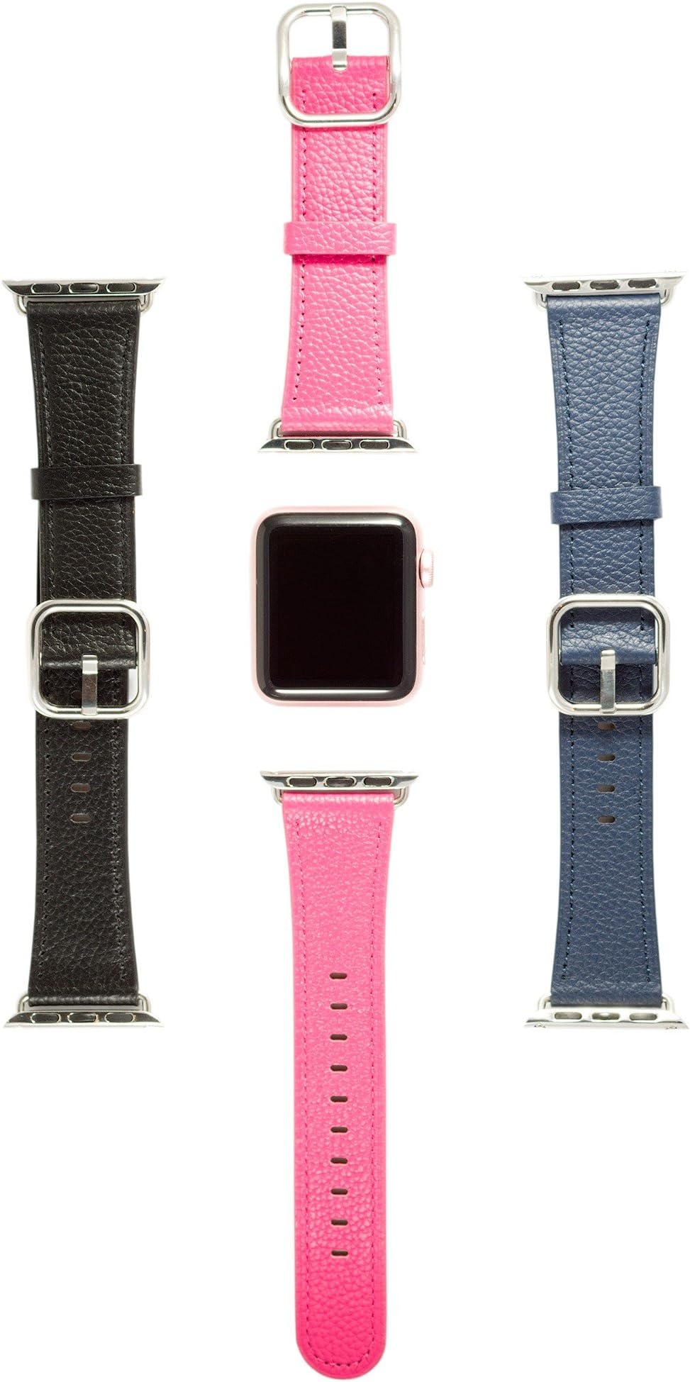 Sol Accessories Set of 3 Genuine Leather Wrist Bands Replacement Straps with Stainless Steel Buckle Clasp compatible with Apple iWatch Series 1/2/3/4/5 (3 Pack - 38mm, multi)
