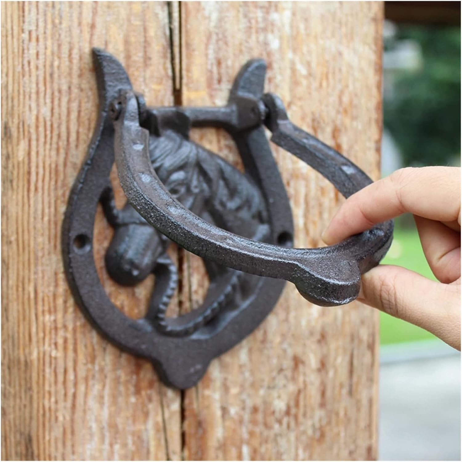 Horse Hammer Cast Iron Door Handle, Classic Antique Door Knocker Knocking Ornaments with Fittings, Exterior Home Door Knockers for Doors