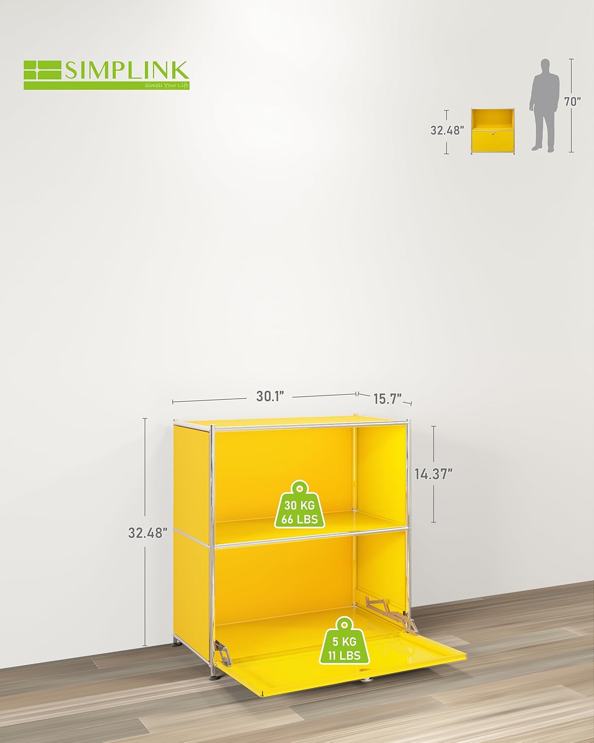 32.5-Inch Flip-Top Side Table & Buffet Cabinet with Detachable Wheels, Ample Storage, DIY Corner Bookshelf, Wall Shelf, Cube Organizer, Bedside Table – Modern Home Decor (Matt Yellow)