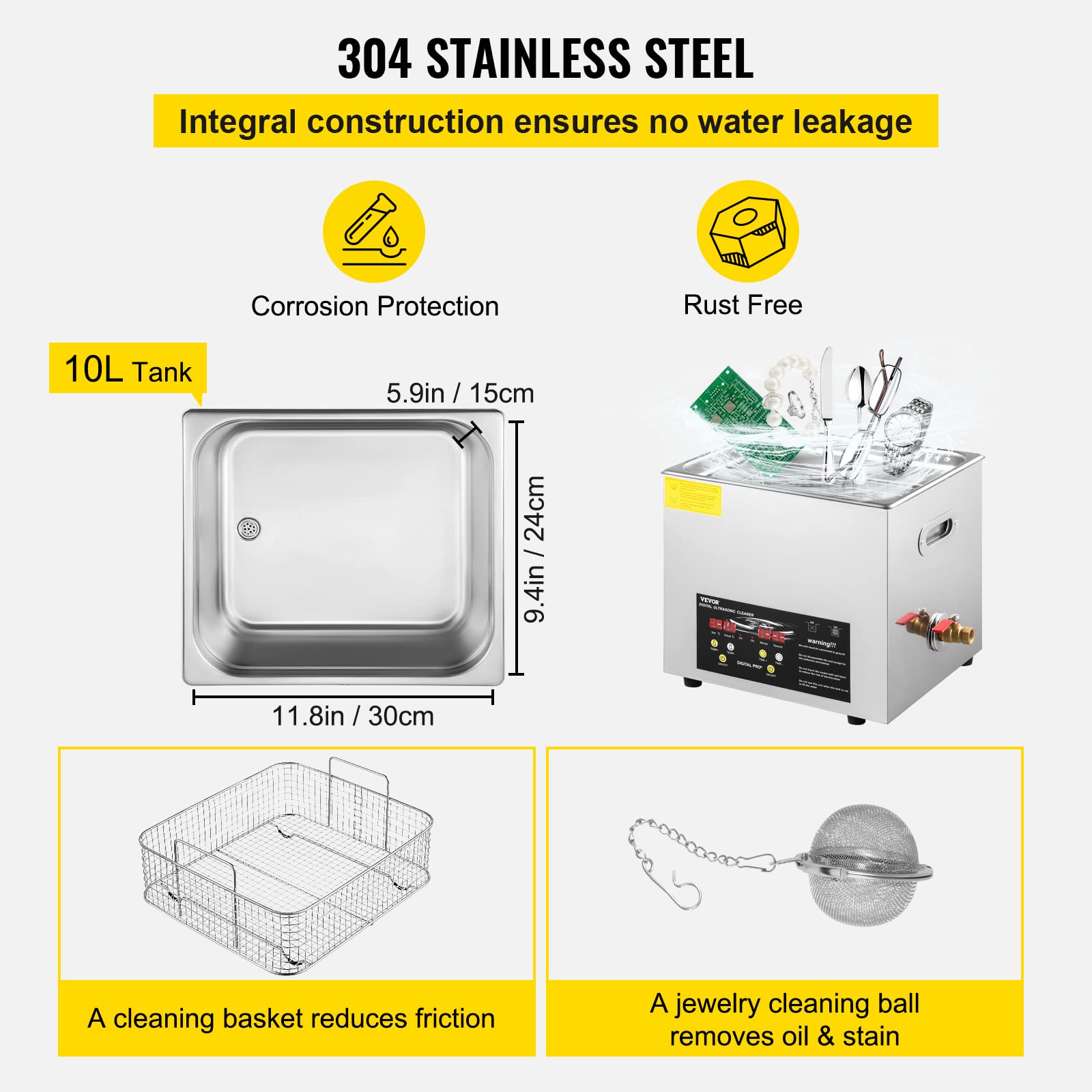 VEVOR Nettoyeur à Ultrasons Numérique 10 L, Chauffage 400 W, Ultrasons 240 W, Bac Ultrasons avec Chauffage et Minuterie, Appareil de Nettoyage Ultrasonique en Inox, pour Bijoux Lunettes Montres