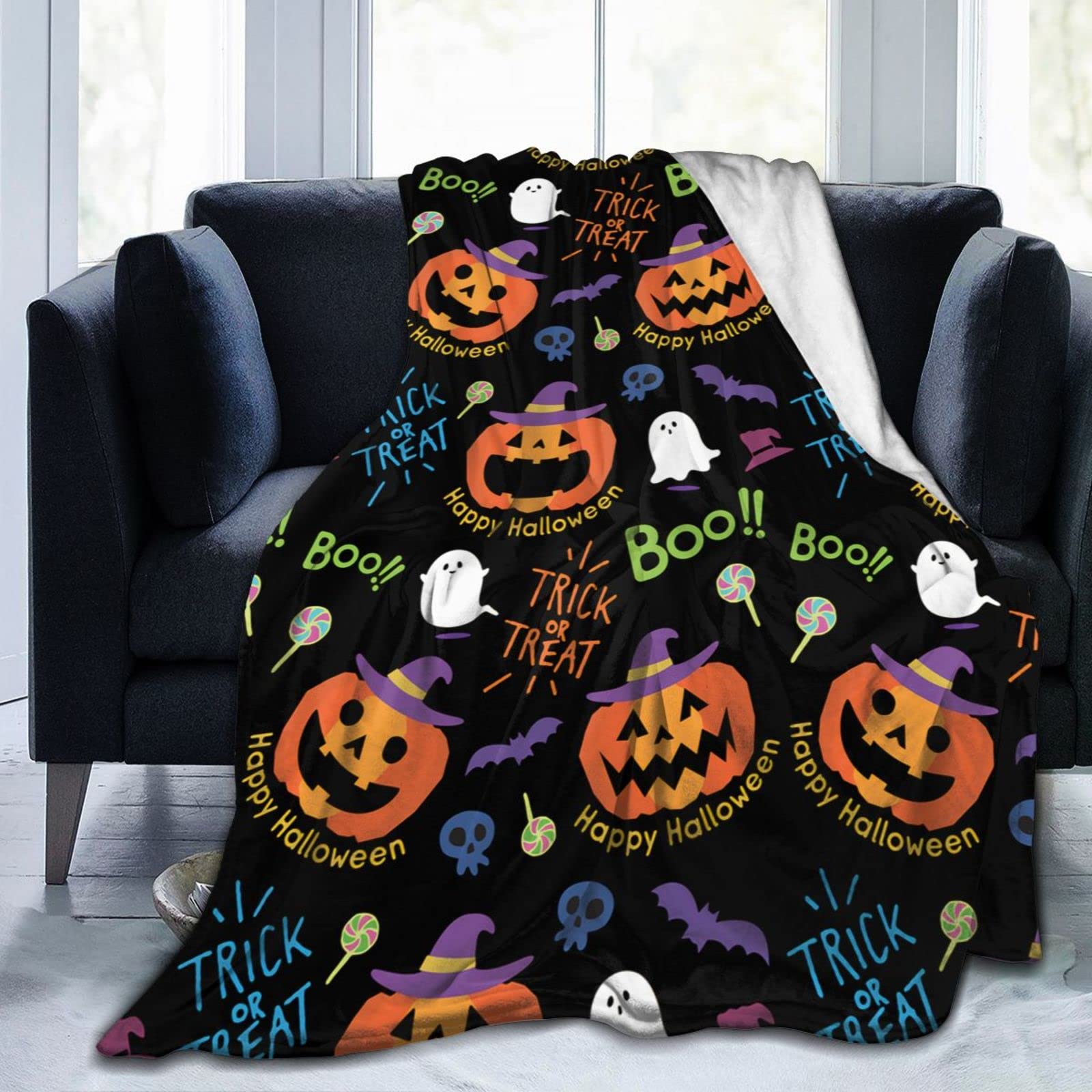 Lsjuee Halloween Cute Pumpkin and Ghost Throw Blanket Warm Blankets Lightweight Soft Cozy Flannel Funny Halloween Blanket for Sofa Couch Bed 80"X60"