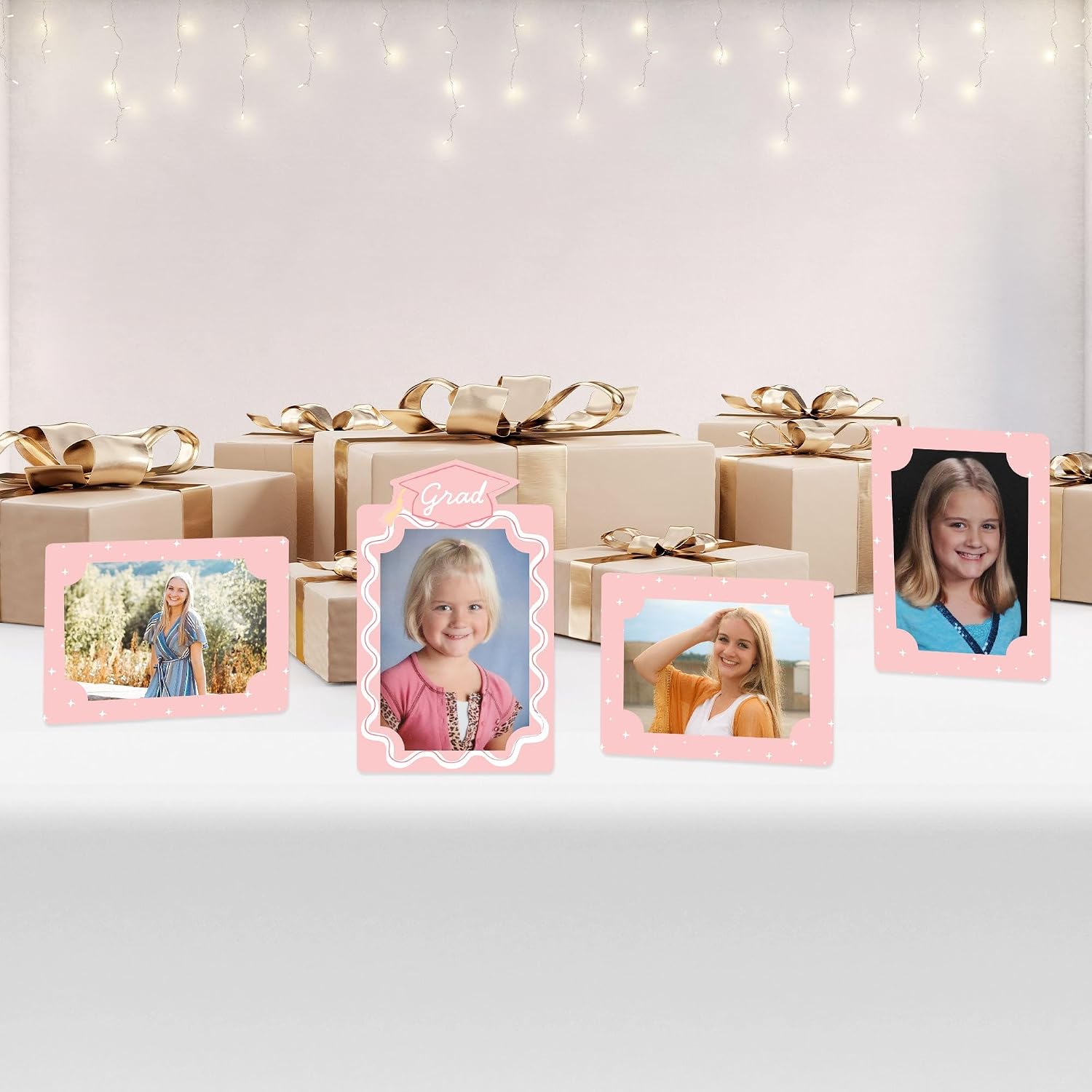 Big Dot of Happiness Pink Graduation Party Paper Photo Frames, 4x6 Picture Display Holders, Table Centerpiece Decorations – Set of 12