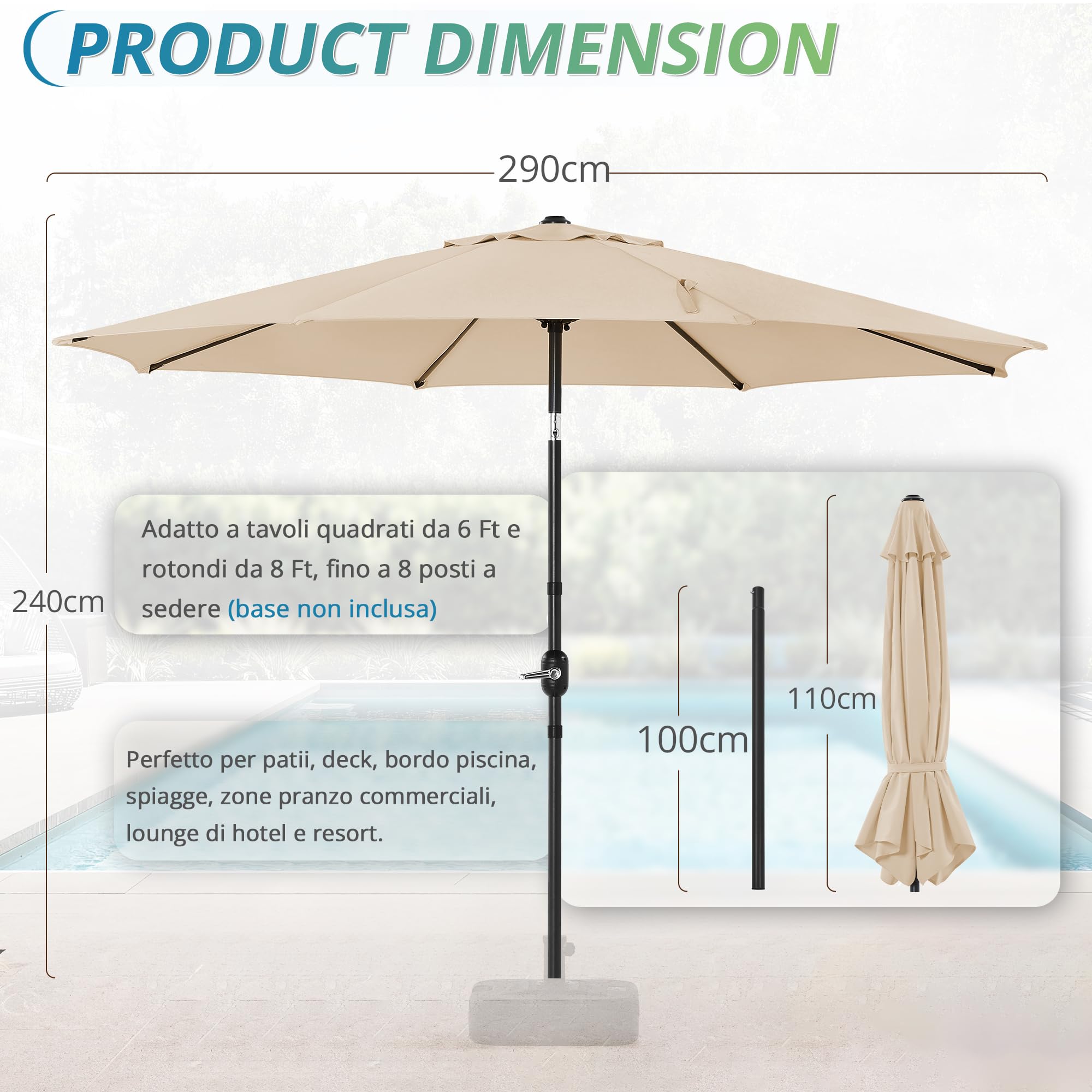 LUE BONA Ombrellone regolabile da 300 cm, con 8 nervature e manovella, per patio, giardino, terrazza, mercato