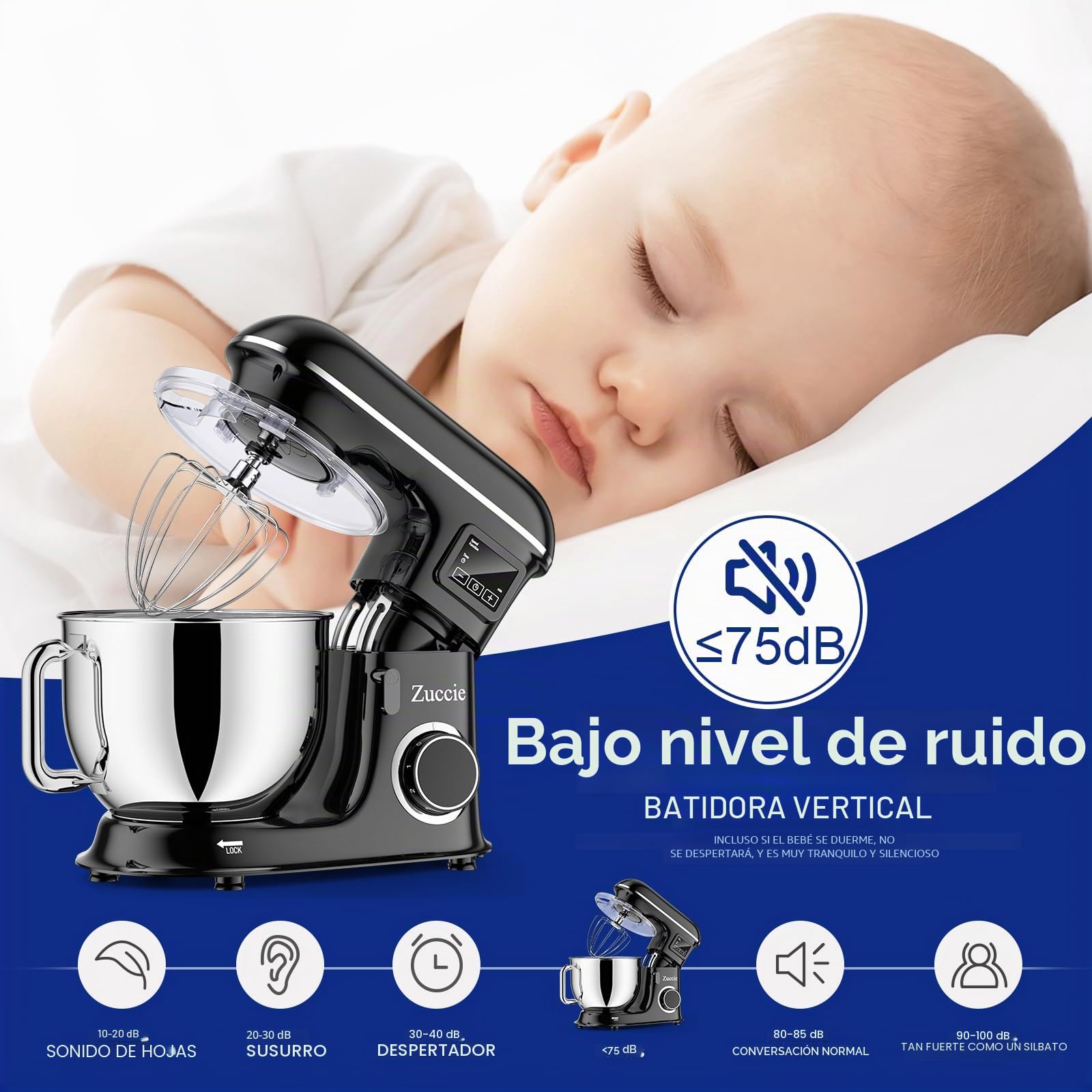 Batidora Amasadora 1500W 8L Amasadora Reposteria 6 Velocidades Robot de Cocina Pantalla LCD & función de fermentación con Amasador, Batidor, Varillas y Protección para Salpicaduras (negro)