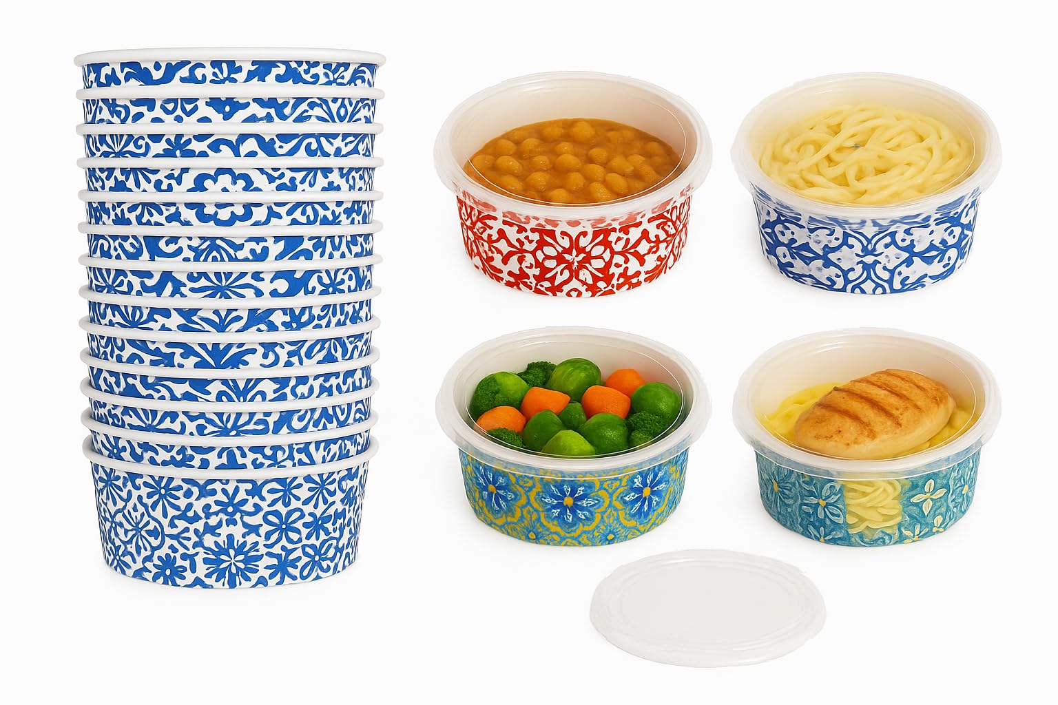 Terryshop74 Ensaladera mayólica 1000 ml con tapas – 25 cuencos de papel decorado + 25 tapas transparentes – Recipientes grandes para poké, ensaladas y platos calientes