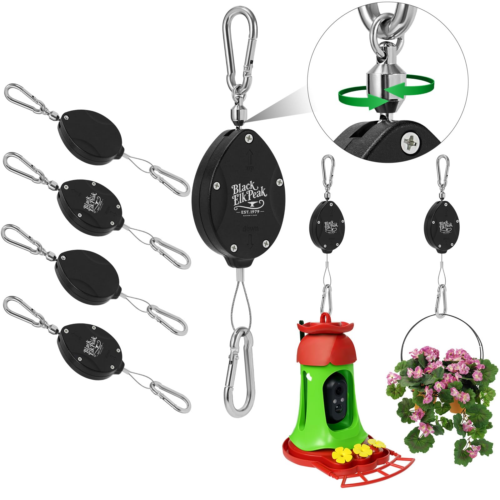 Plant Pulleys for Hanging Plants, Heavy Duty Retractable Hangers, 304 Stainless Steel Rope, Auto Plant Holder, Adjustable Climbing Hook for Garden Baskets Watering, or Bird Feeders (Black-4)
