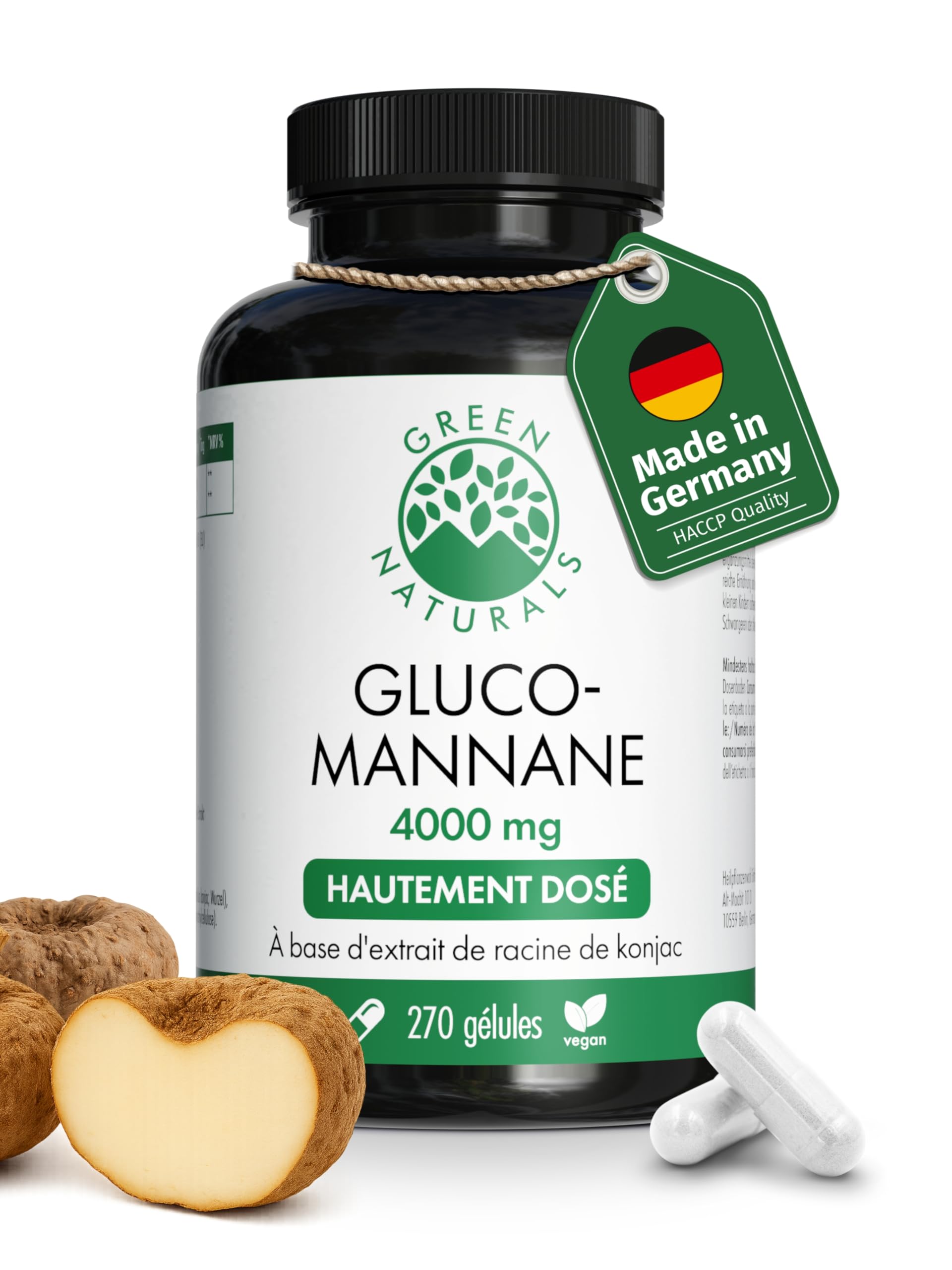 Glucomannane Gélules VEGAN – 4000 mg glucomannane par dose journalière – Extrait de konjac (4200 mg) – 270 gélules pour 45 jours – Sans additifs – Green Naturals®